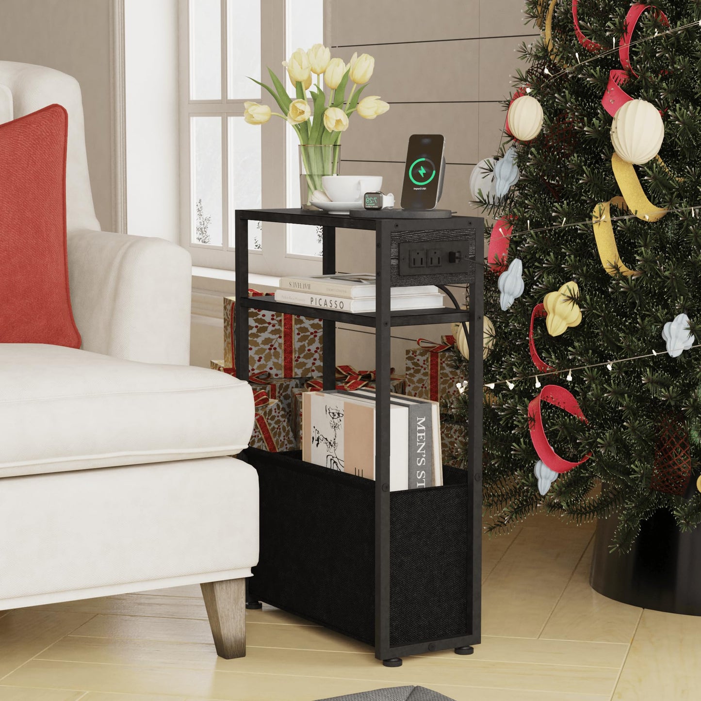 Leomonio Narrow Side Table, Slim End Tables with Fabric Basket, Skinny Table for Small Spaces, Thin Bedside Table for Living Room, Bedroom (1, Black - Outlet)
