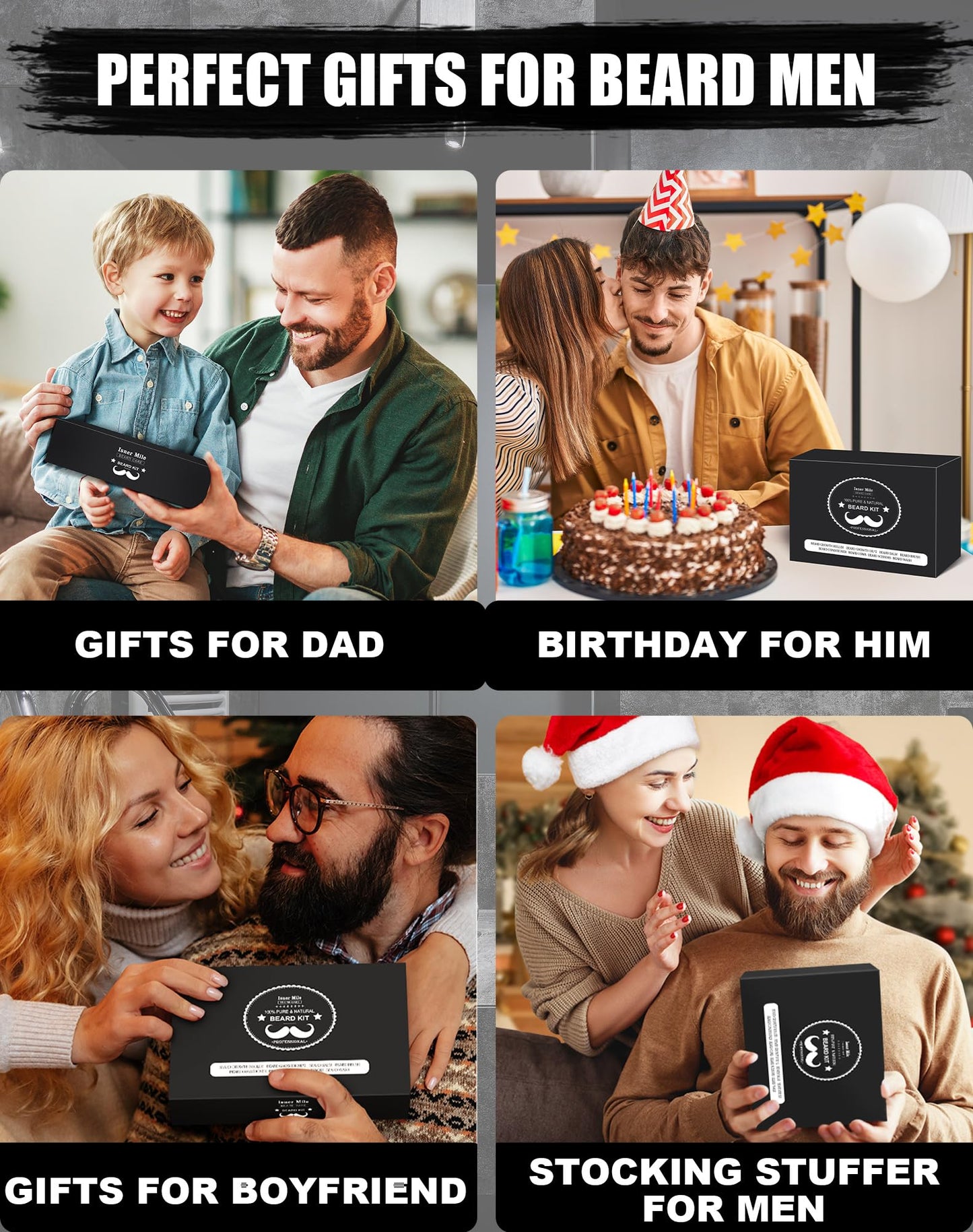 Beard Grooming Kit for Men, Gifts for Him Dad Fathers Man Boyfriend with Shampoo Wash, Conditioner, Care Oil, Balm Softener, Double-sided Comb, Bristle Brush and Trimming Scissors