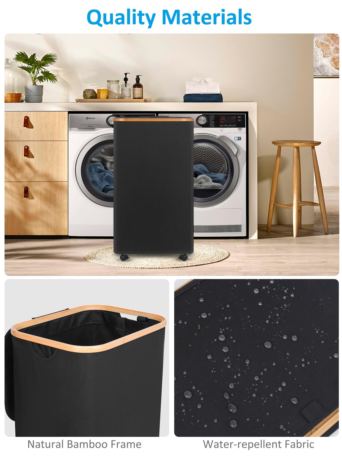 efluky Laundry Basket with Wheels, Tall Rolling Laundry Hamper with Lid and Removable Bag, Aesthetic Dirty Clothes Hamper on Wheels for Laundry Room, Bedroom, Dorm and Bathroom, 100L Black