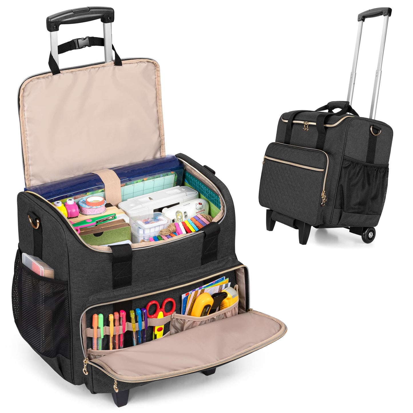 Luxja Rolling Craft Bag with Pockets for 12 x 12 inch Scrapbook Album and Laptop, Rolling Scrapbook Tote with Detachable Dolly (Patent Pending), Black