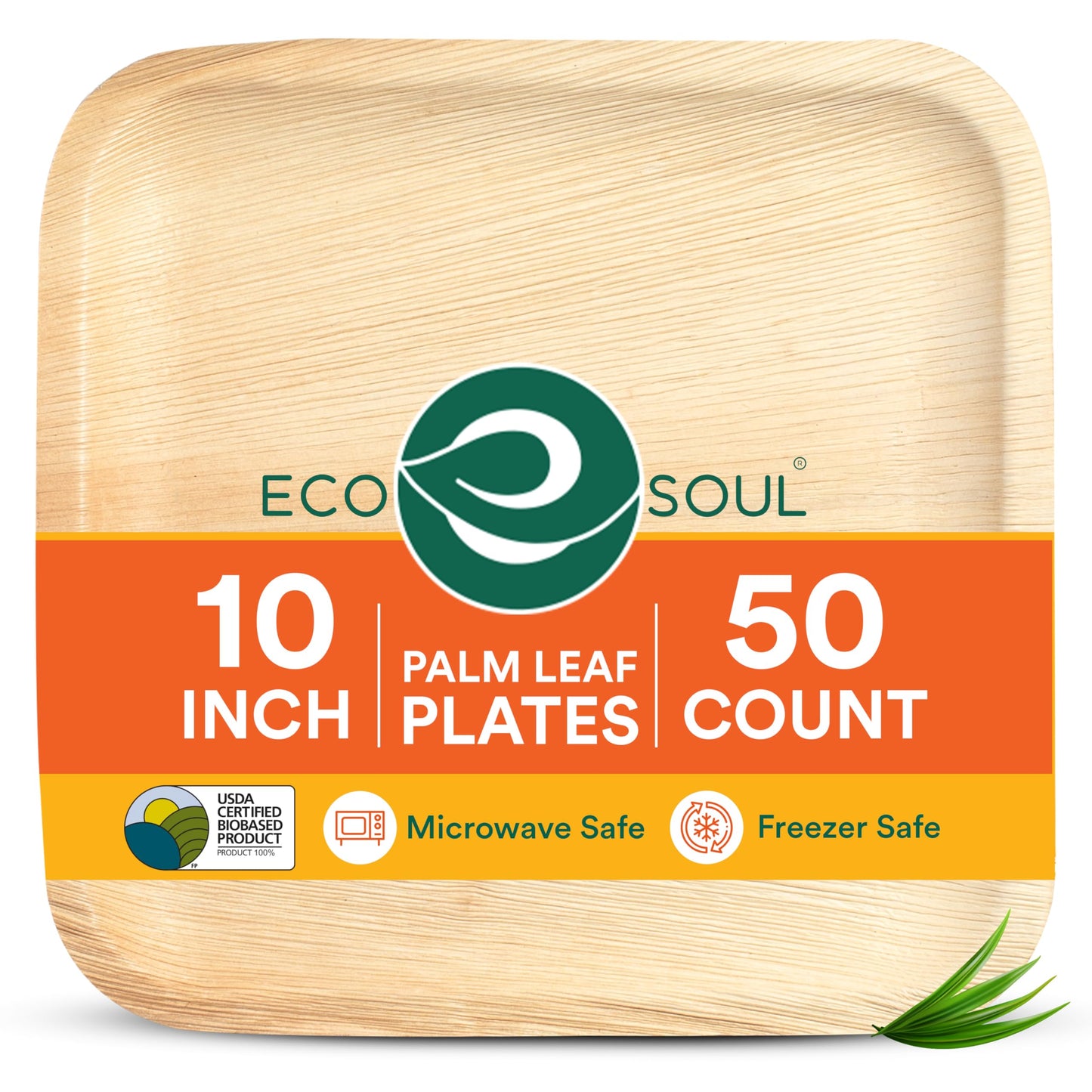 ECO SOUL Palm Leaf Disposable Bamboo Plates 10" Square Compostable & Biodegradable Party Plates for Christmas Dinner, Weddings, Parties & Events 50 Count