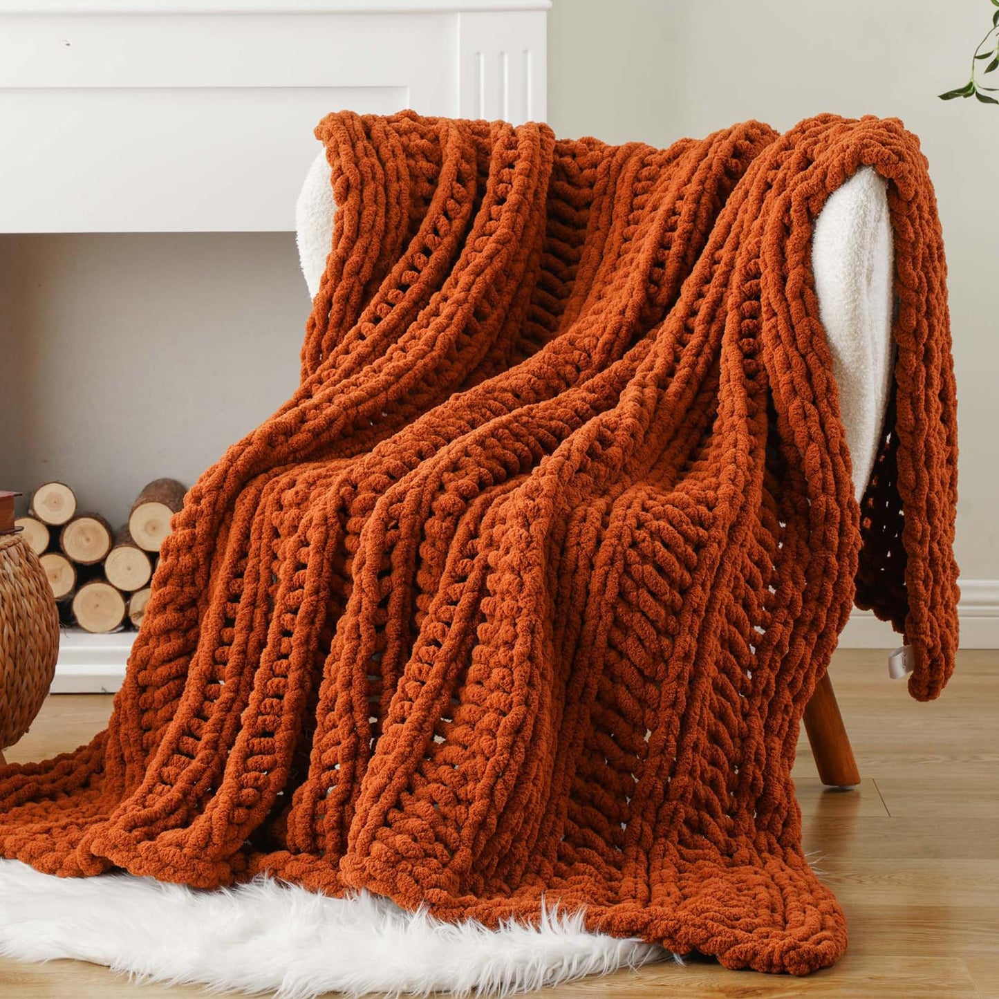 Battilo Caramel Rust Chunky Knit Throw Blanket, Handmade Cable Knit Crochet Blanket for Couch, Fall Orange Chenille Blanket Throw for Fall Decor, Super Soft Thick Textured Blankets, 50"x60"