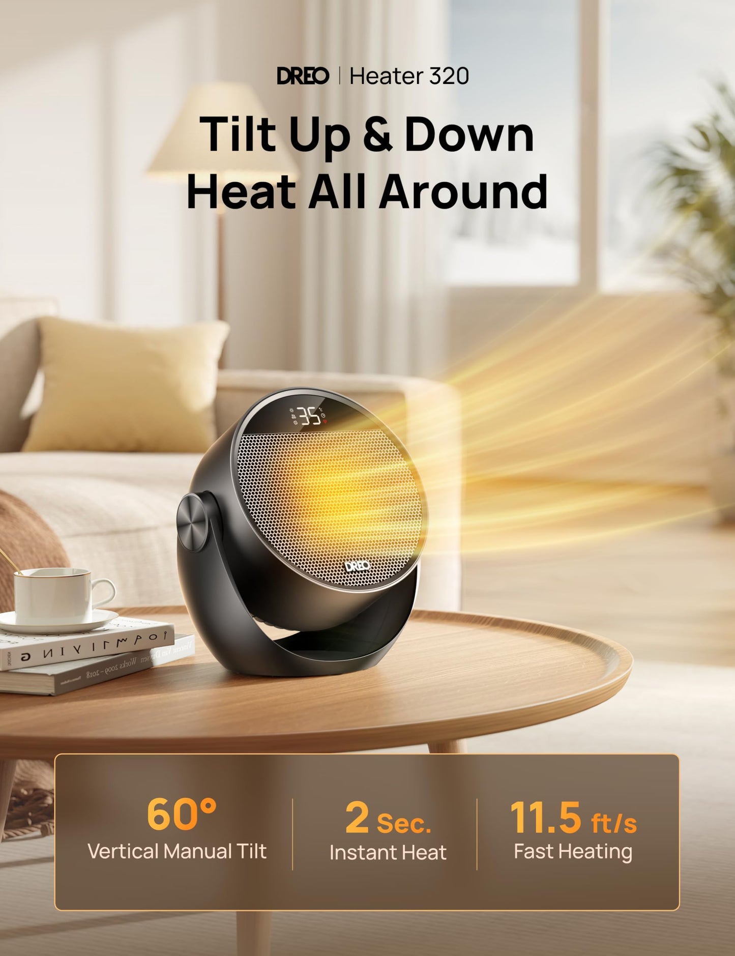 DREO Space Heaters for Indoor Use, 60° Adjustable Tilt, 11.5ft/s Electric Heater with Thermostat, 8 Safety Protections, 3 Heat & 3 Fan Levels, Remote, 34dB Quiet Desk Heater for Room Bedroom Office