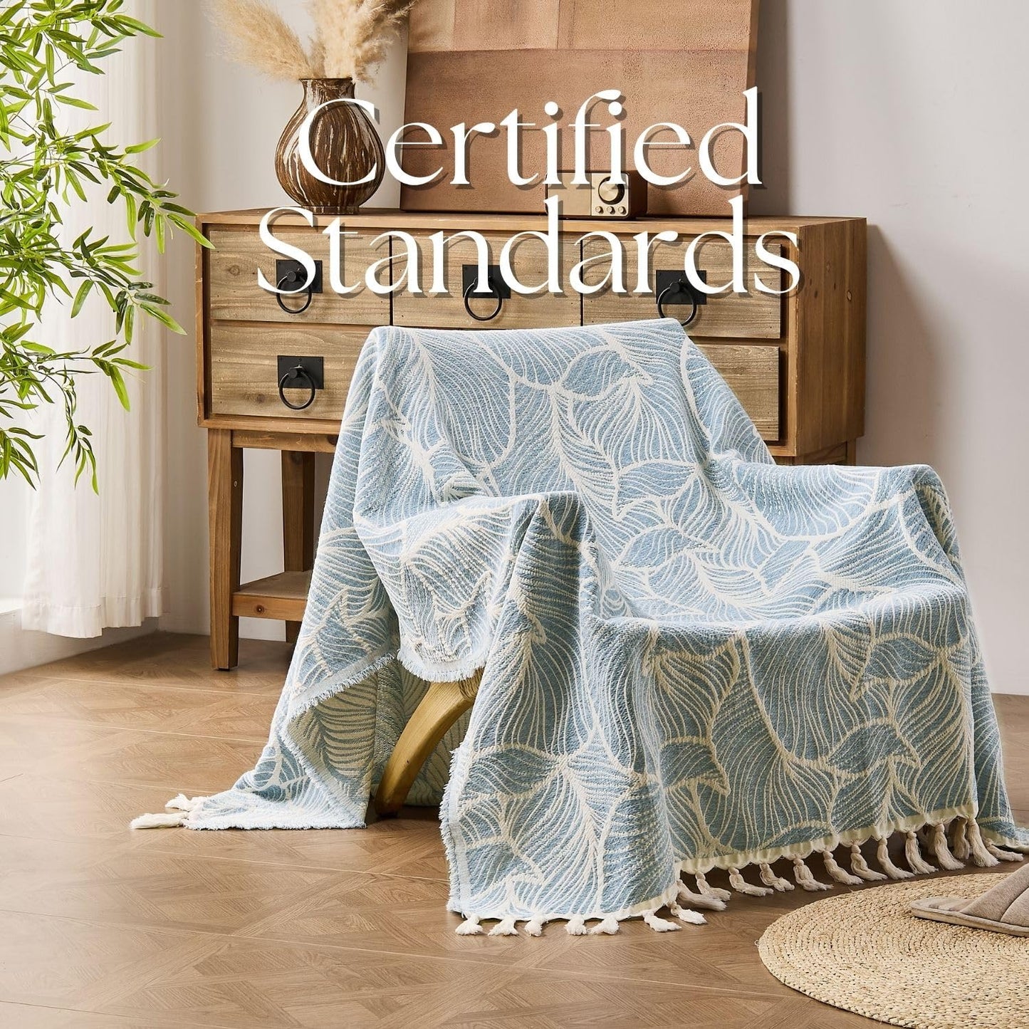 DOWN HOME Chenille Cotton Throw Blanket for Couch, Lightweight Boho Blanket for Bed Sofa Chair Living Room Outdoor Soft Woven Decorative Blanket with Tassel Gift Blue Leaves 55"x60"