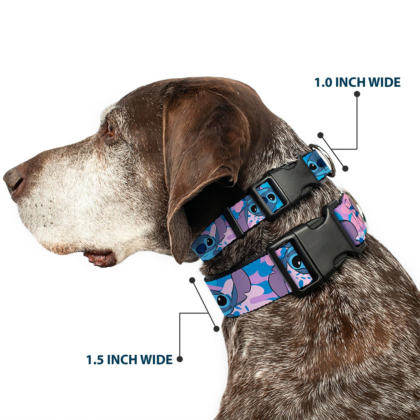 Disney Pet Collar, Dog Collar Plastic Buckle, Lilo and Stitch Stitch Flip Expressions Close Up Blues Pinks, 15 to 24 Inches 1.0 Inch Wide