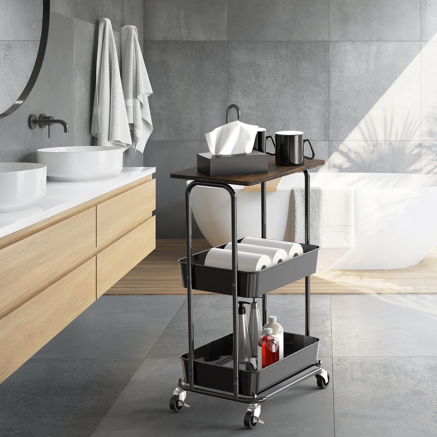 Simple Houseware 3-Tier Metal Rolling Utility Cart with Wooden Top and Lockable Wheel, Storage Organizer Trolley for Kitchen, Bathroom, Office, Craft Room, Rustic Brown