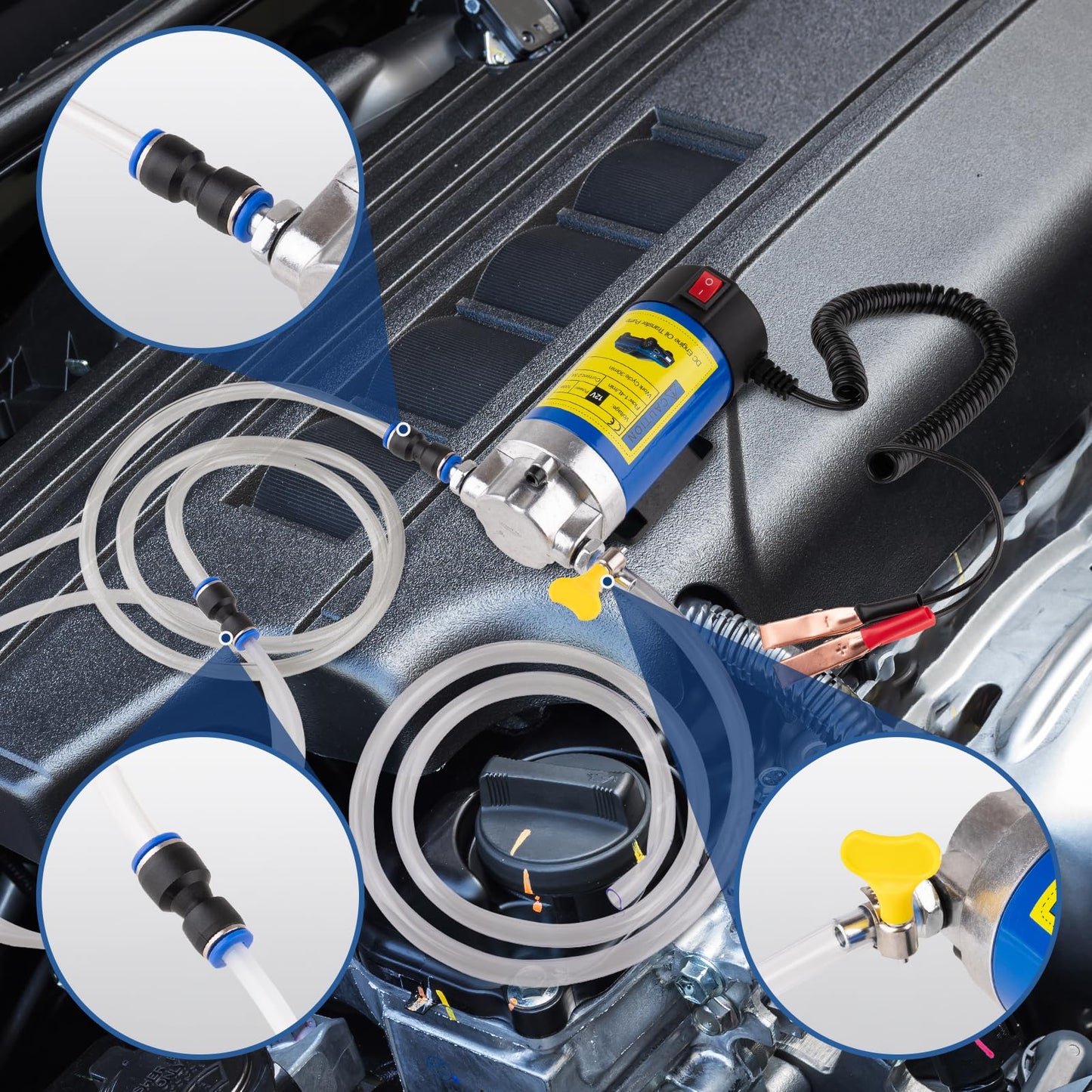 Oil Extractor Pump 12V 100W, Ultra-Quiet Fluid Transfer Pump for Engine Oil, Transmission Fluid, Gear Oil Change - Self-Priming Oil Change Pump for Car, Boat, Motorcycle, Mower, RV (3 Hoses+Adapters)