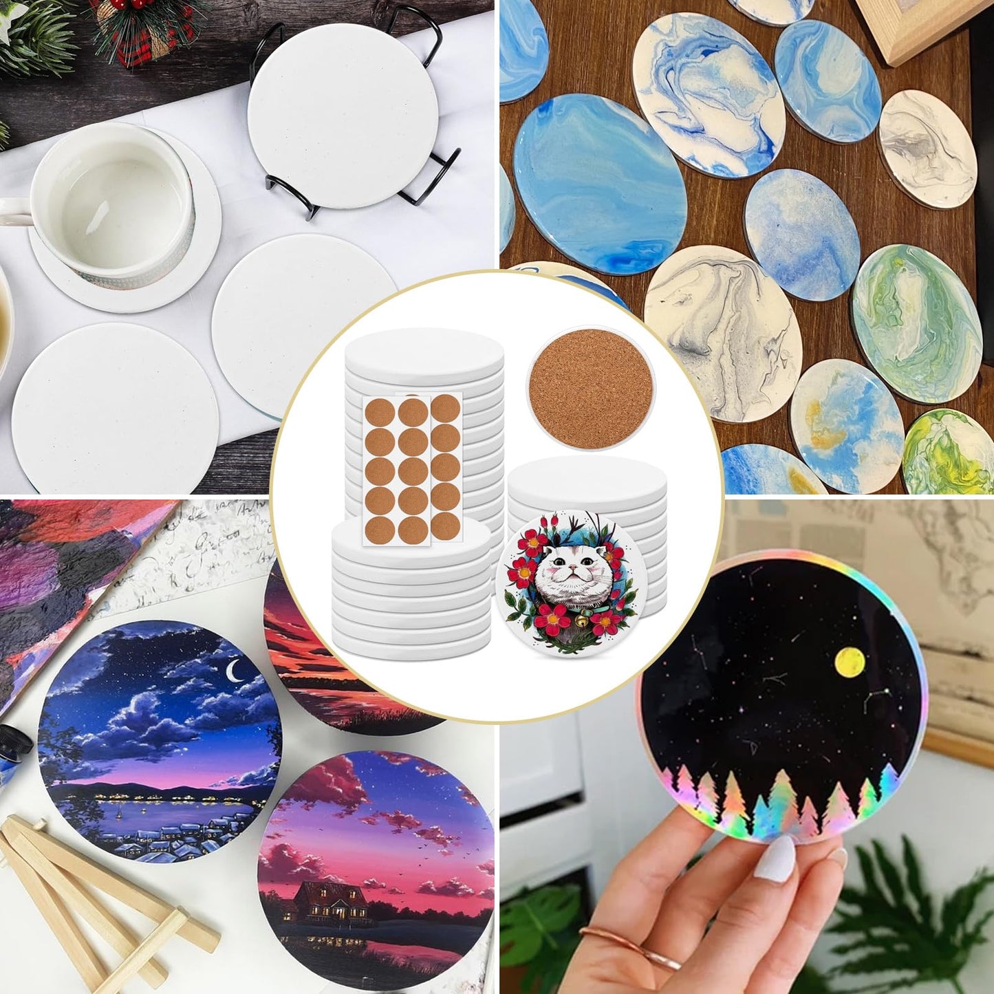 Acrux7 25 Pack Ceramic Coasters 4 Inch Round Sublimation Blanks Coasters White Glossy Glazed Ceramic Tiles with 25 Cork Backing Pads for Sublimation, Ink, Painting, Thermal Transfer, Art Projects
