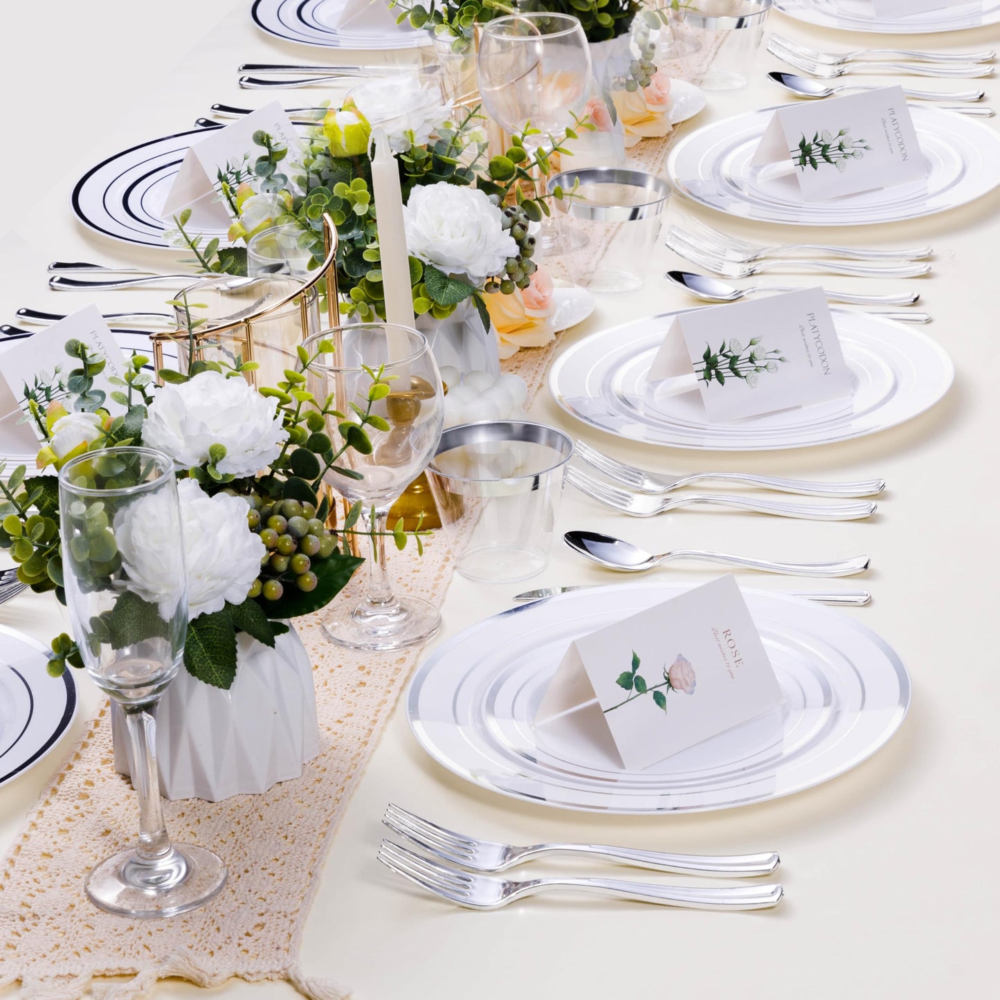 BESTSTAR 7 Inch White Plastic Plates,100PCS Disposable Dessert/Appetizer/Small Cake Plates with Silver Rim,Heavy Duty Plate Ideal for Wedding and Birthday