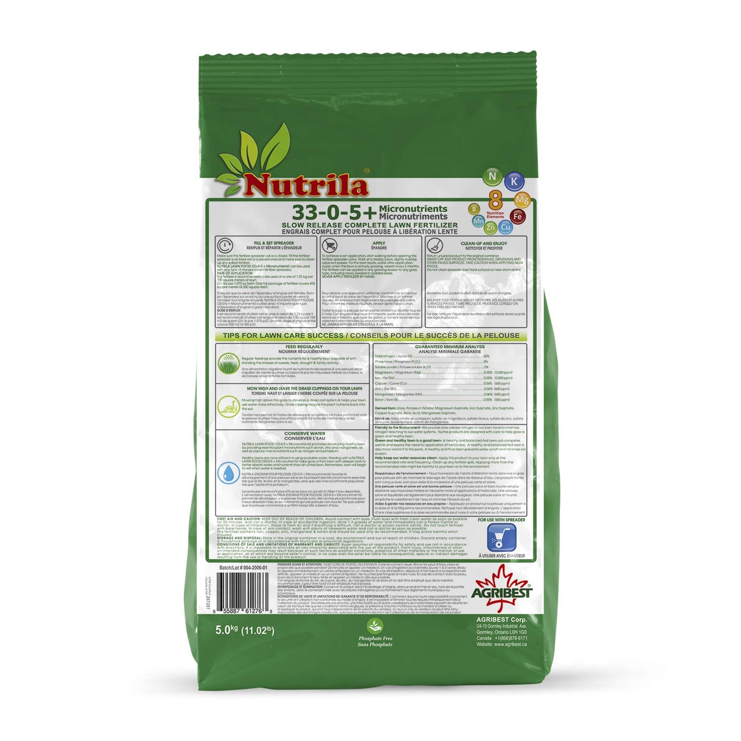 Nutrila 33-0-5 + Iron and 5 More Micronutrients Fertilizer, Slow Release and Money Saver Lawn Food for Spring & Summer, Covers 4,300sqf (5kg) (11 lb)