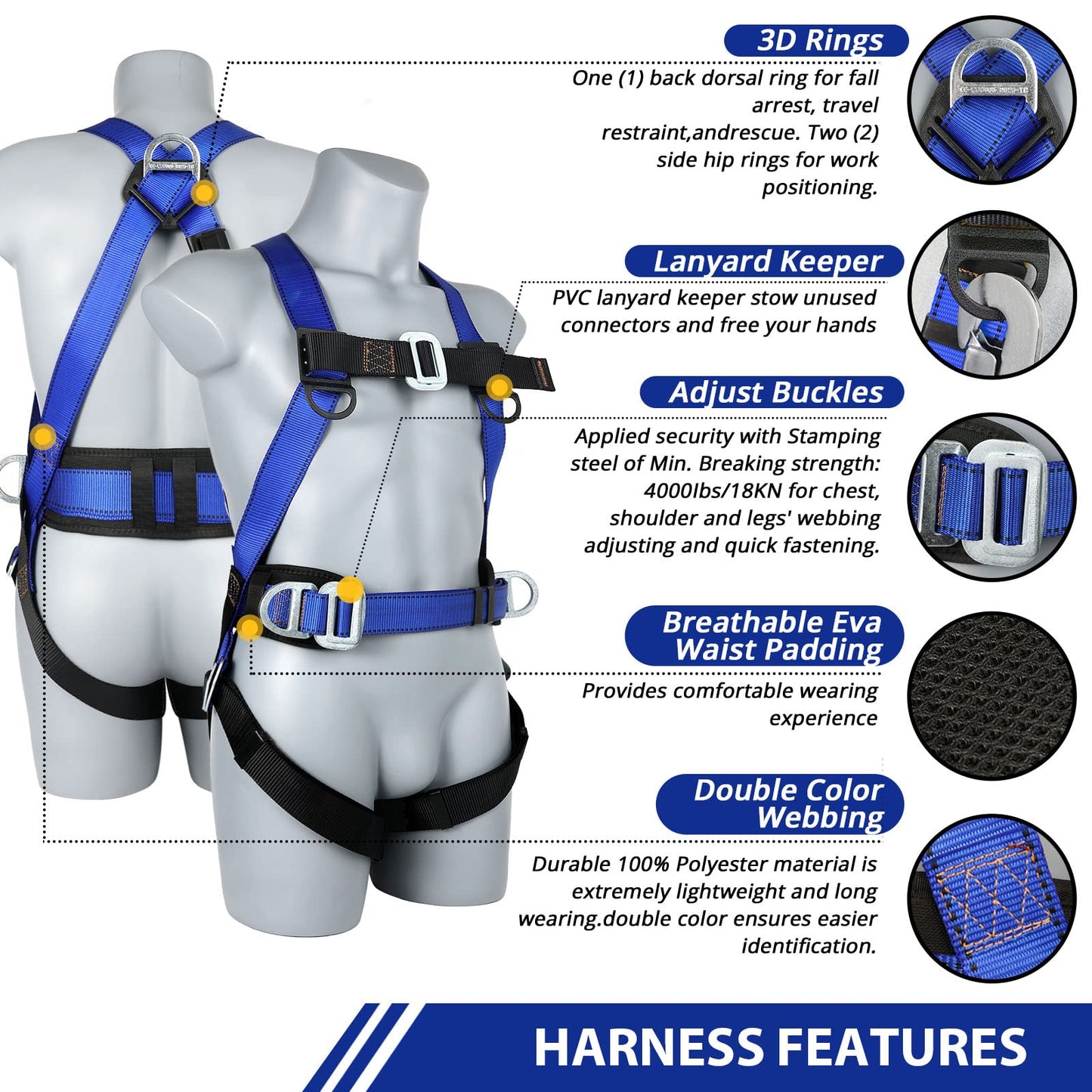 Safety Harness Fall Protection Kit: Full Body Roofing harnesses with Shock Absorbing Lanyard - Updated Comfortable Waist Pad