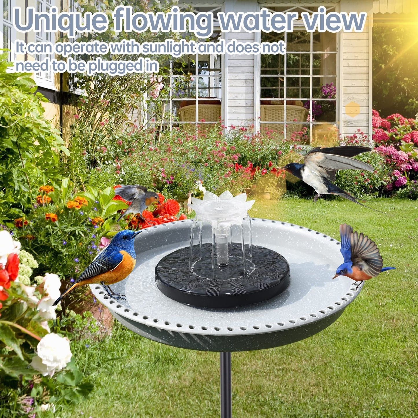 Feemiyo Solar Powered Bird Bath Fountains for Hummingbirds,Stable Stylish Design with 5-Prong Base Metal Stake Bird Baths Fountain for Lawn Patio Yard Garden (Grey)