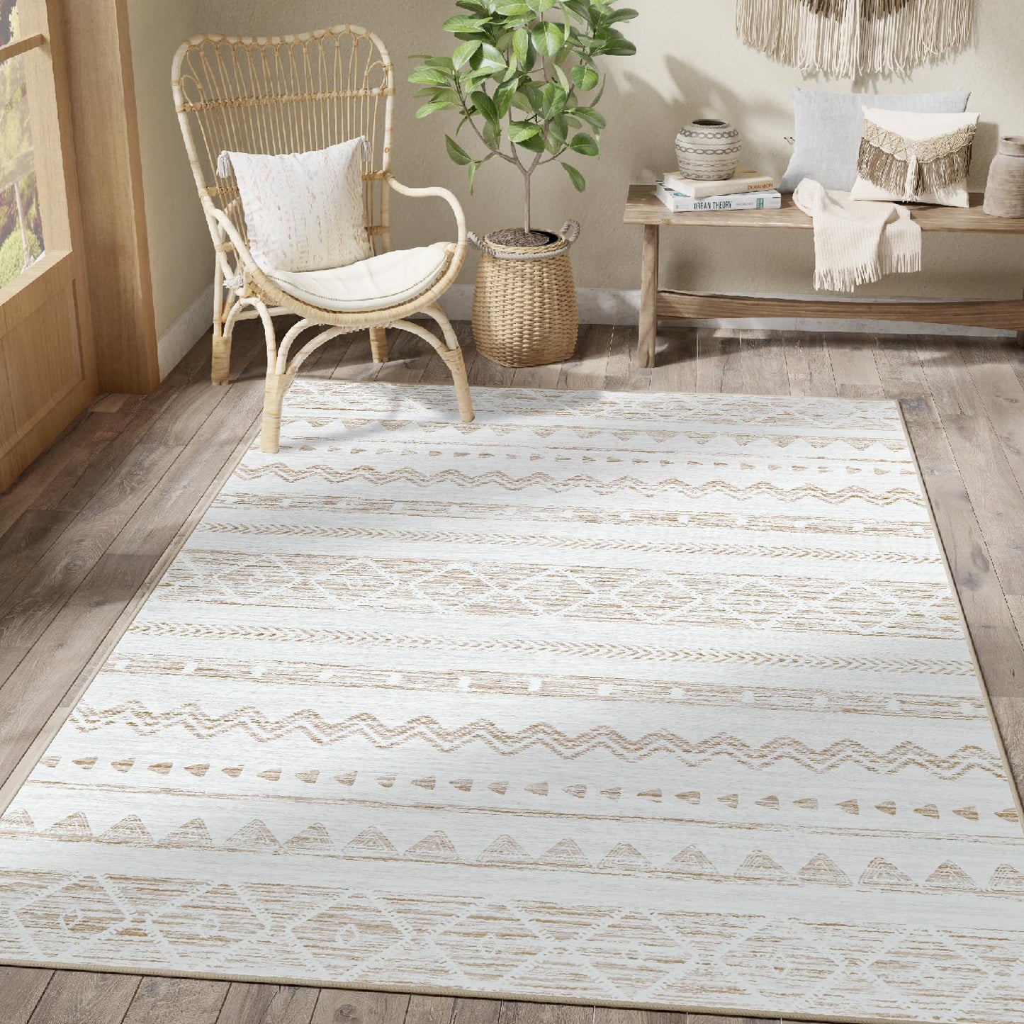 JINCHAN Area Rug - 5x7 Ultra-Thin Washable Moroccan Living Room Rugs, Boho Geometric Non-Slip Non-Shedding Carpet for Bedroom Kids(5x7ft, Taupe)