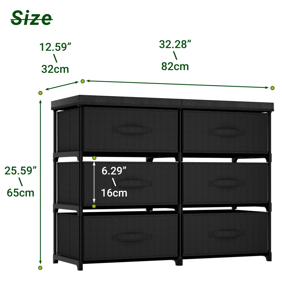 PPN Dresser with 6 Fabric Drawer Stand Desktop Sturdy Metal Plastic Support Tube Cube Storage Cabinet for Living Room, Bedroom Organization Dorm Front Hall Entryway Black