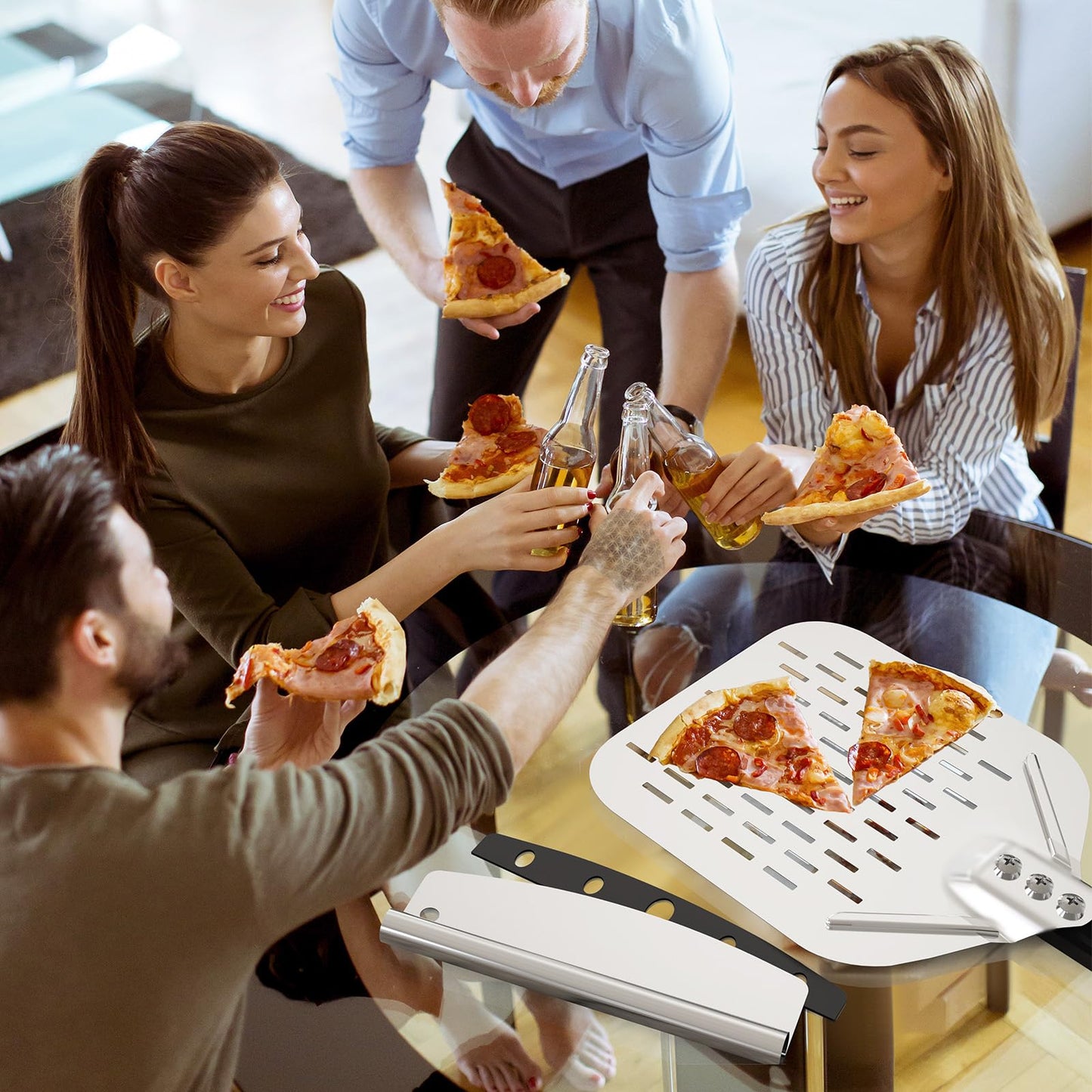 4-Piece Pizza Oven Accessories Kit, Includes 12 Inch Perforated Pizza Peel, 9 Inch Round Pizza Turning Peel, Oven Brush with Scraper and Rocker Cutter, Pizza Spatula Paddle Set for Home Pizza Making