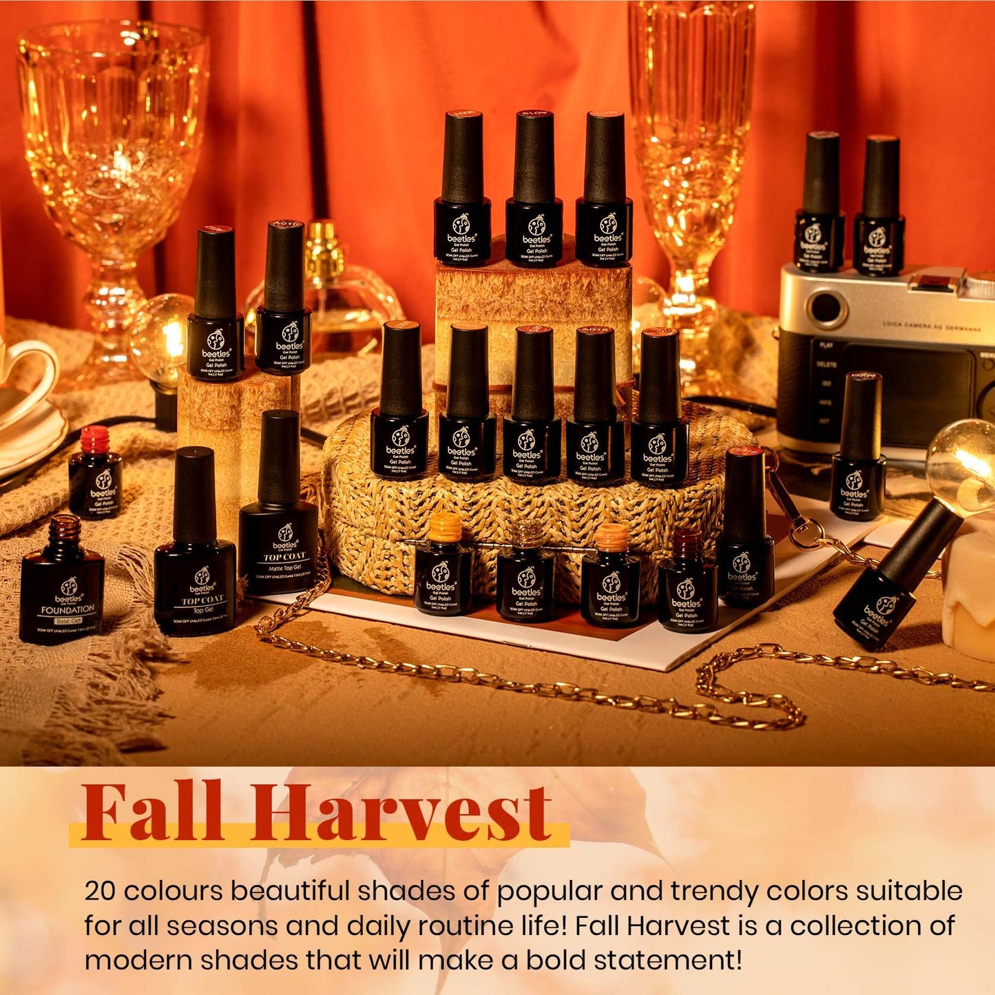 Beetles 23Pcs Fall Gel Nail Polish Kit Winter 20 Colors with Base Gel Top Coat Orange Brown Burgundy Red Gel Polish Set Soak off Uv Golden Glitter Holiday Nail Art Gift for Girls