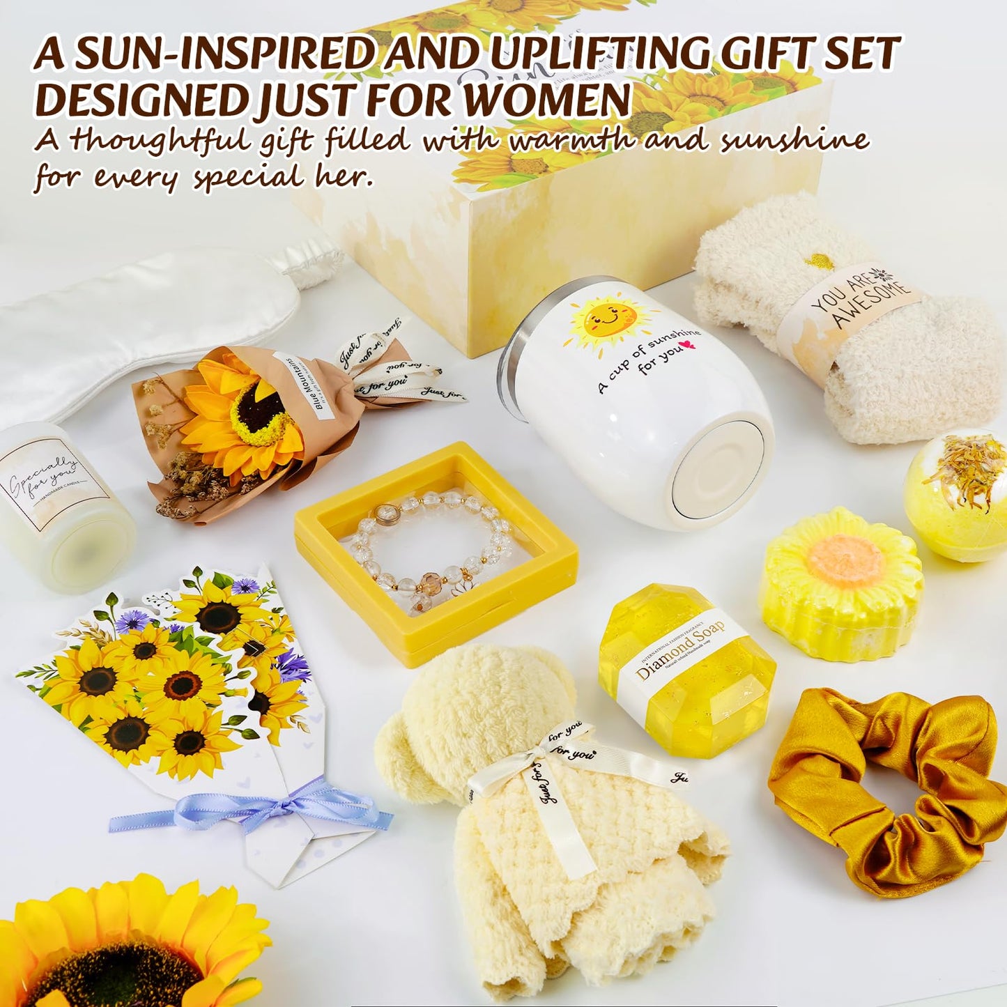 ElatedMore Sunflower Gift Basket for Women,14-Piece Self Care Gift Set, Mothers Day Gift Basket for Mom, Birthday Get Well Thank You Sunshine Care Package for Women Sister Wife Friend(Yellow)