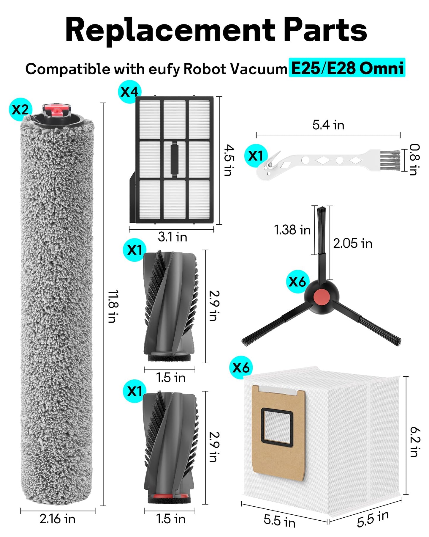 Leemone 21 Pack E25 E28 Replacement Parts Kit for eufy E28 / E25 Omni Robot Vacuum, Accessories Parts with 6 Dust Bag, 6 Side Brushes, 1 Rolling Brush, 2 Roller Mop, 4 Filter, 1 Cleaning Brush
