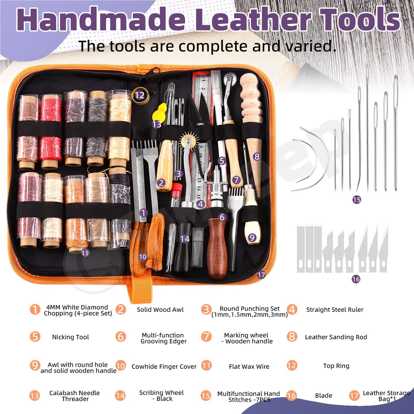 Swpeet 46Pcs Leather Kit, Leather Working Tools and Supplies, Leather Craft Tool Kit with Waxed Thread Groover Awl Stitching Punch, Tracing Wheel, Sewing Needles, Other Leather Crafting Tools