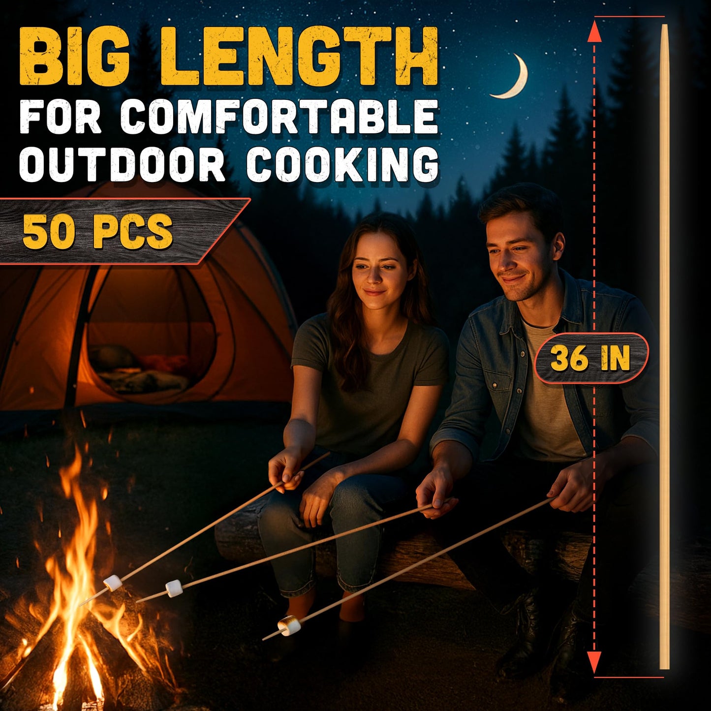 50 Pcs Bamboo Skewers for Grilling – 36 Inch Long Marshmallow Roasting Sticks for Campfire – Smores Sticks for Fire Pit to Making Kabobs, Hot Dog, Fruit, Crafts & Flower Bouquets