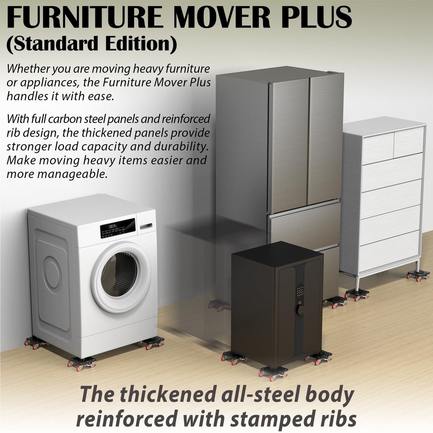 ONEON Heavy Duty Furniture Movers with Wheels Dolly with Auxiliary Lifter, All-New Upgraded Carbon Steel Panels & 360°-Wheeled Casters, Supports up to 1100 lbs (M)