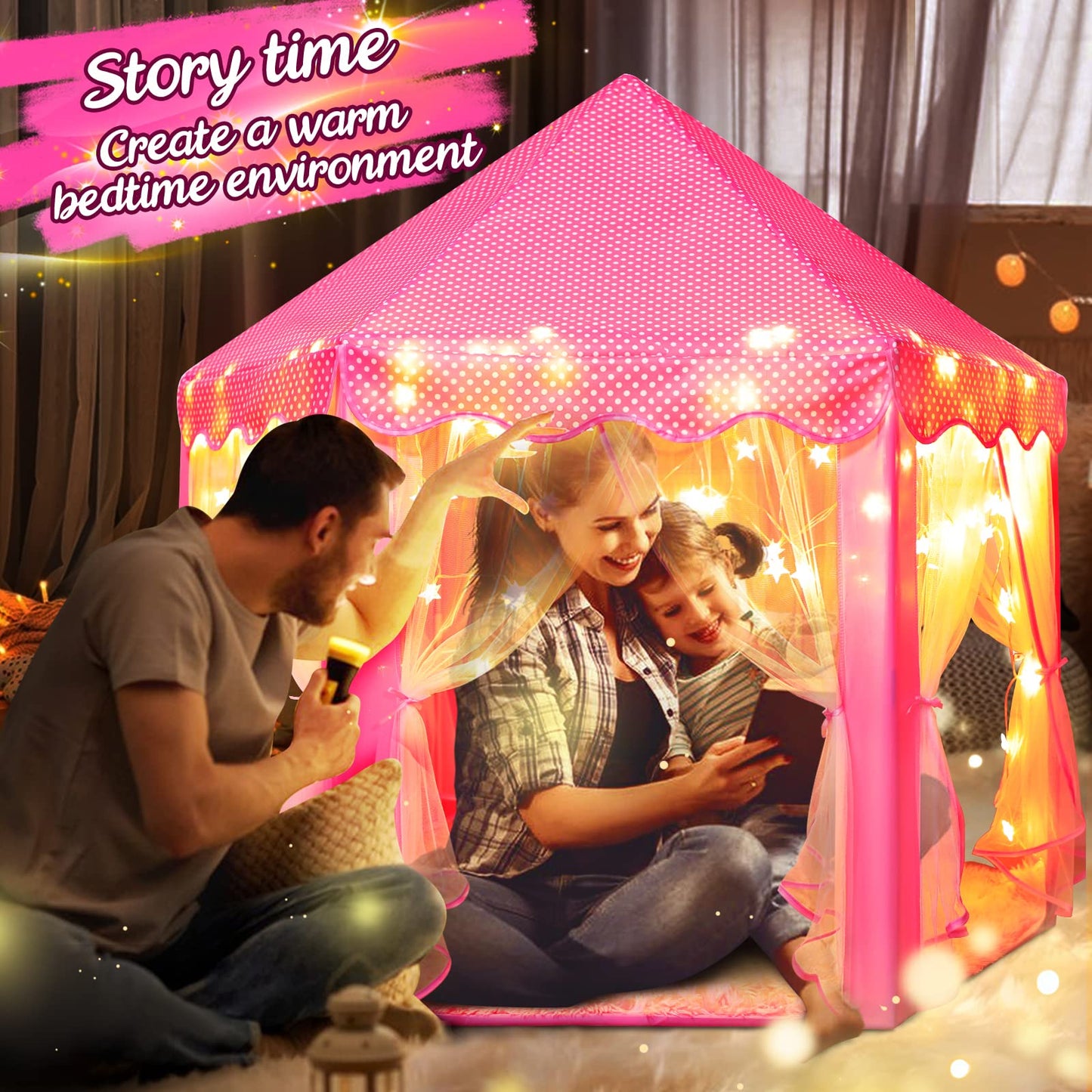 SISTICKER Princess Tent for Girls Kids Play Tent with Star Lights and Mat Toddlers Tent Kids Playhouse Indoor and Outdoor Toys for Girls (Princess Tent with mat)