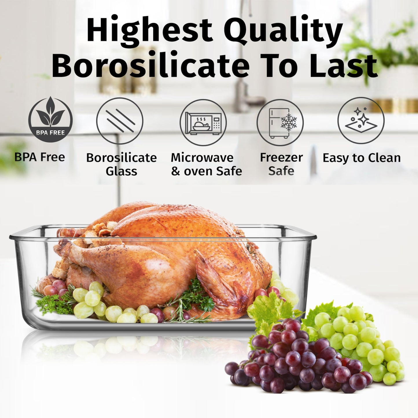 Razab 4800 ML / 163 oz / 21 Cup Large Glass Container Food Storage with Lids - Leakproof, BPA-Free Large Meal Prep Container Ideal for Roasting Turkey, Store Leftover - Microwave & Oven Safe