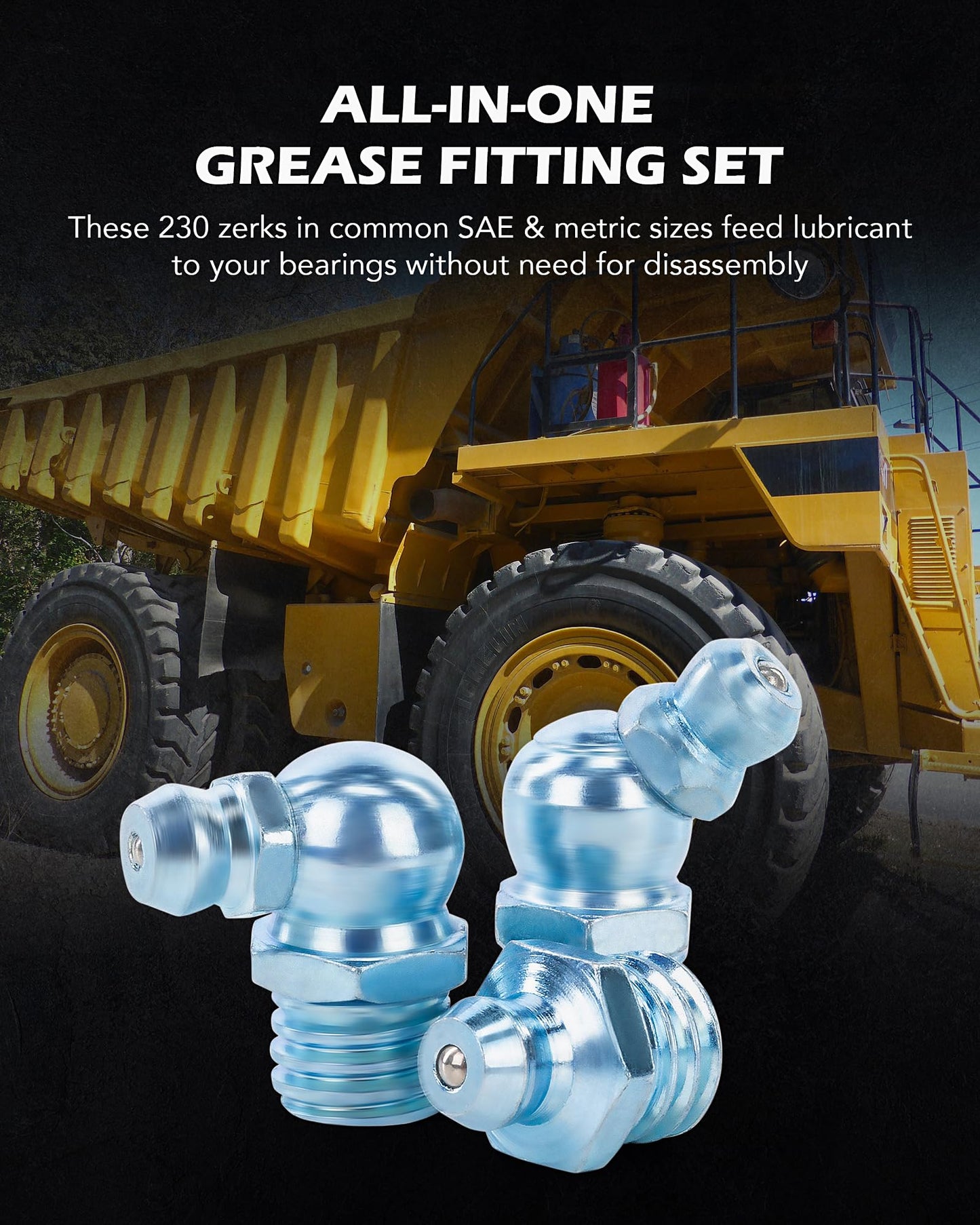 ZELCAN 230 pc. Hydraulic Grease Fitting Set | SAE & Metric Grease Nipple Assortment with 230 Straight 45 90 Degree Zerks in 2 Cases | Galvanized Steel Home Improvement Tool Kit for Mechanics and More