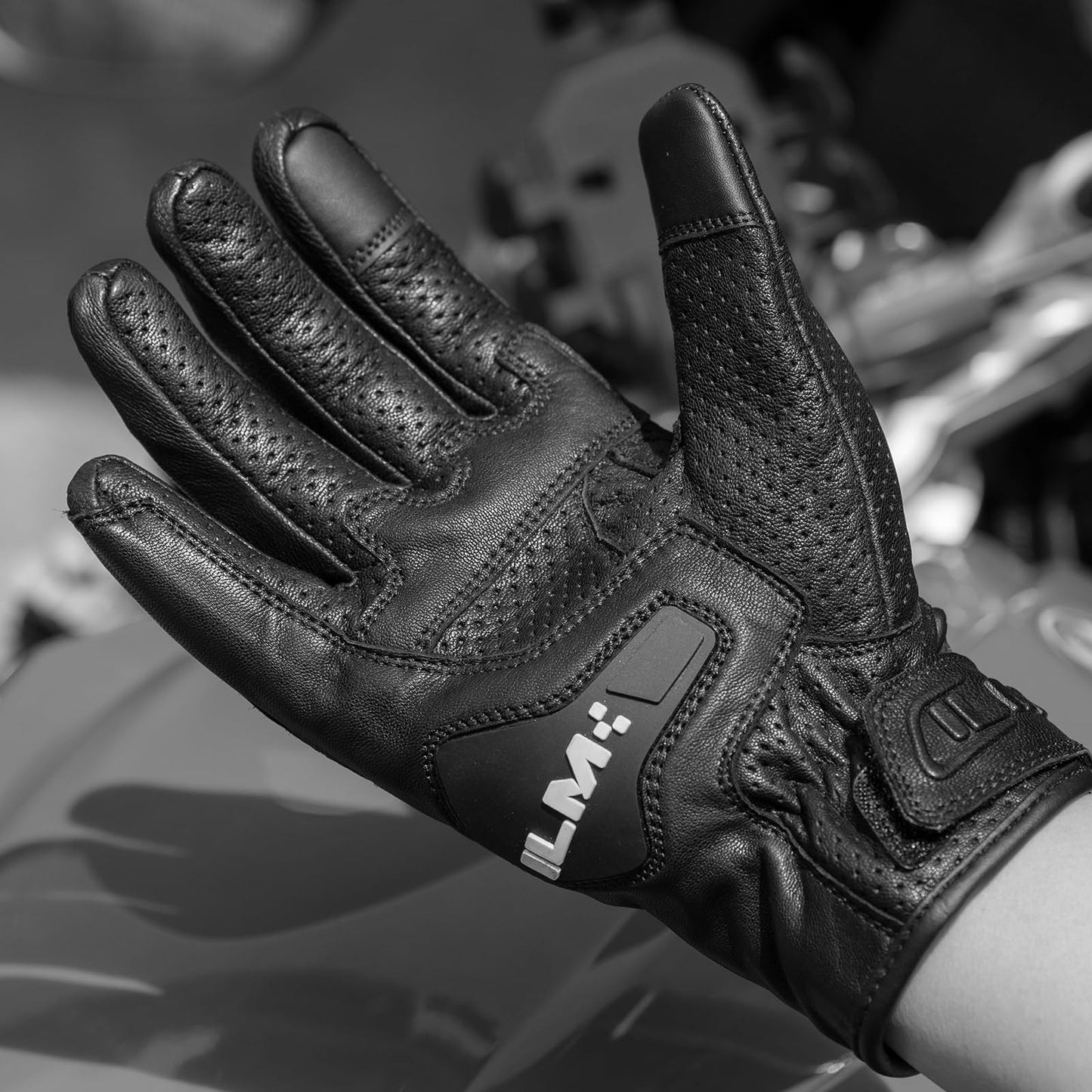 ILM Goatskin Leather Motorcycle Motorbike Powersports Racing Gloves Touchscreen for Men and Women Black (XXL, Black Perforated)