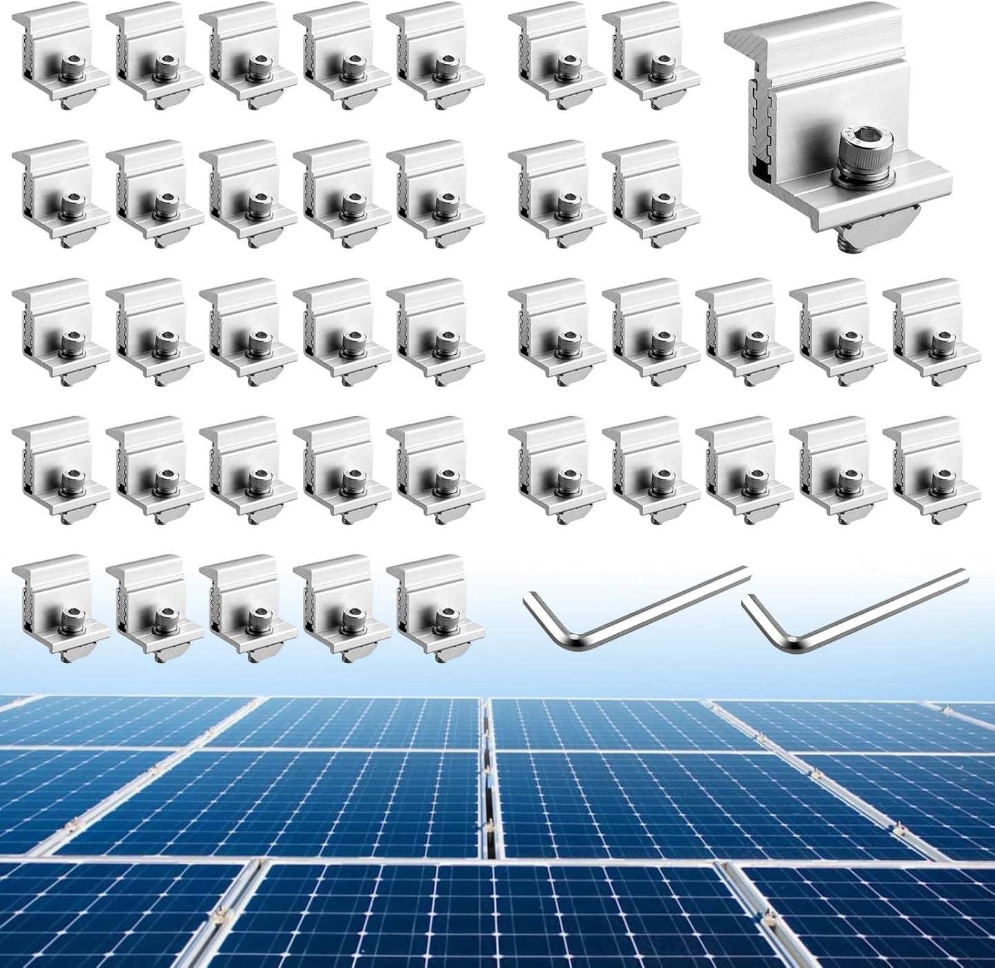 Anbte Aluminum Solar Panel End Clamp Mounting Brackets, 40pcs Adjustable 30-45mm Z Brackets Kit for Metal, Tin, Flat, Sheet Roofs, Silver