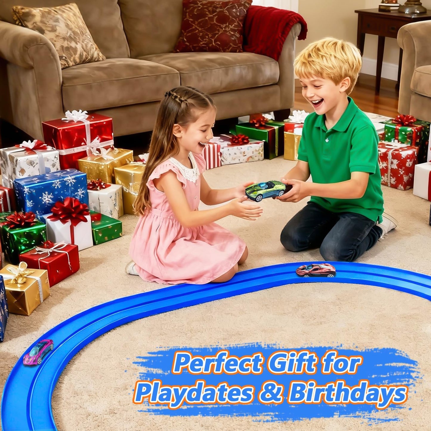 FALDAA 15ft Flexible Race Track for Kids with 6 Cars & 6 Suction Cups, Race Car Ramp Toy Compatible with Hot Wheels and 1/64 Diecast Cars, Portable Slot Car Track for Ages 3+