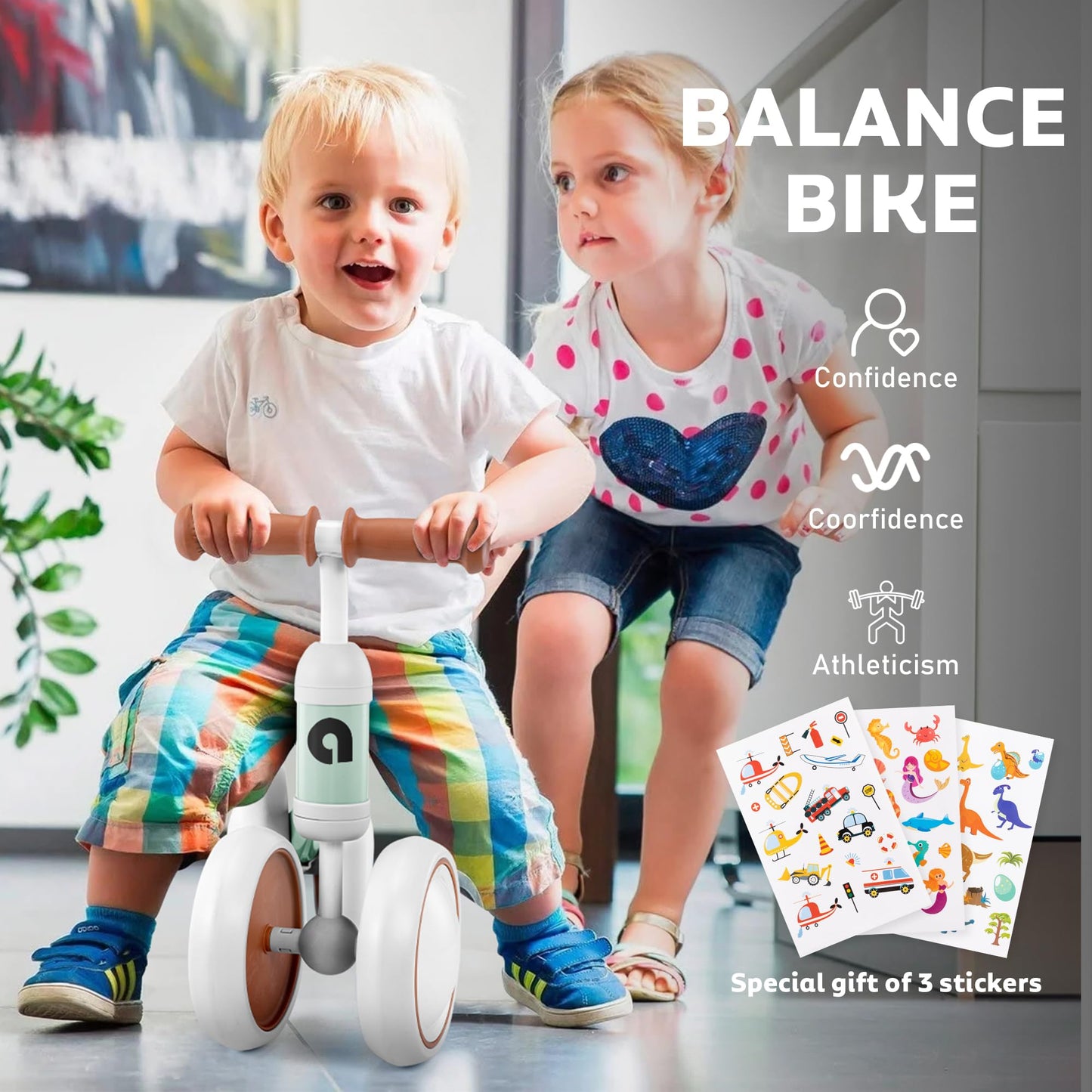 Balance Bike 1 Year Old, 10-24 Months Baby Balance Bike Toys, No Pedal Infant 4 Wheels Toddler Bike, Toddler Ride On Toys, Three Free Cartoon Stickers, First Birthday Gift for Boys Girls, Green