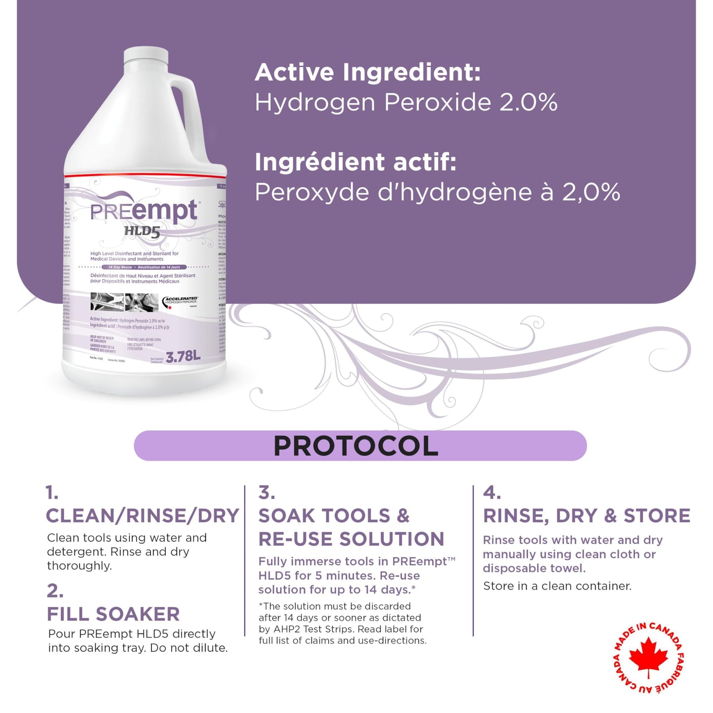 PREempt HLD5 High-Level Disinfectant for Reusable Spa, Salon and Nail Tools and Implements (3.78L) (1 Bottle)