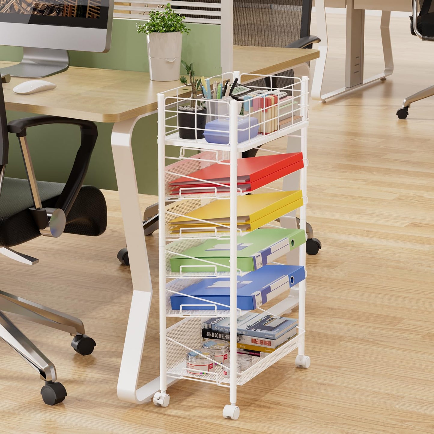 Rolling File Cart with Wheels,Shrivee 6 Tier Metal Rolling File Organizer Cart Beside Desk,Mobile Book Carts with Wheels for Office Home School Teacher Classroom Paper Letter Organization,White