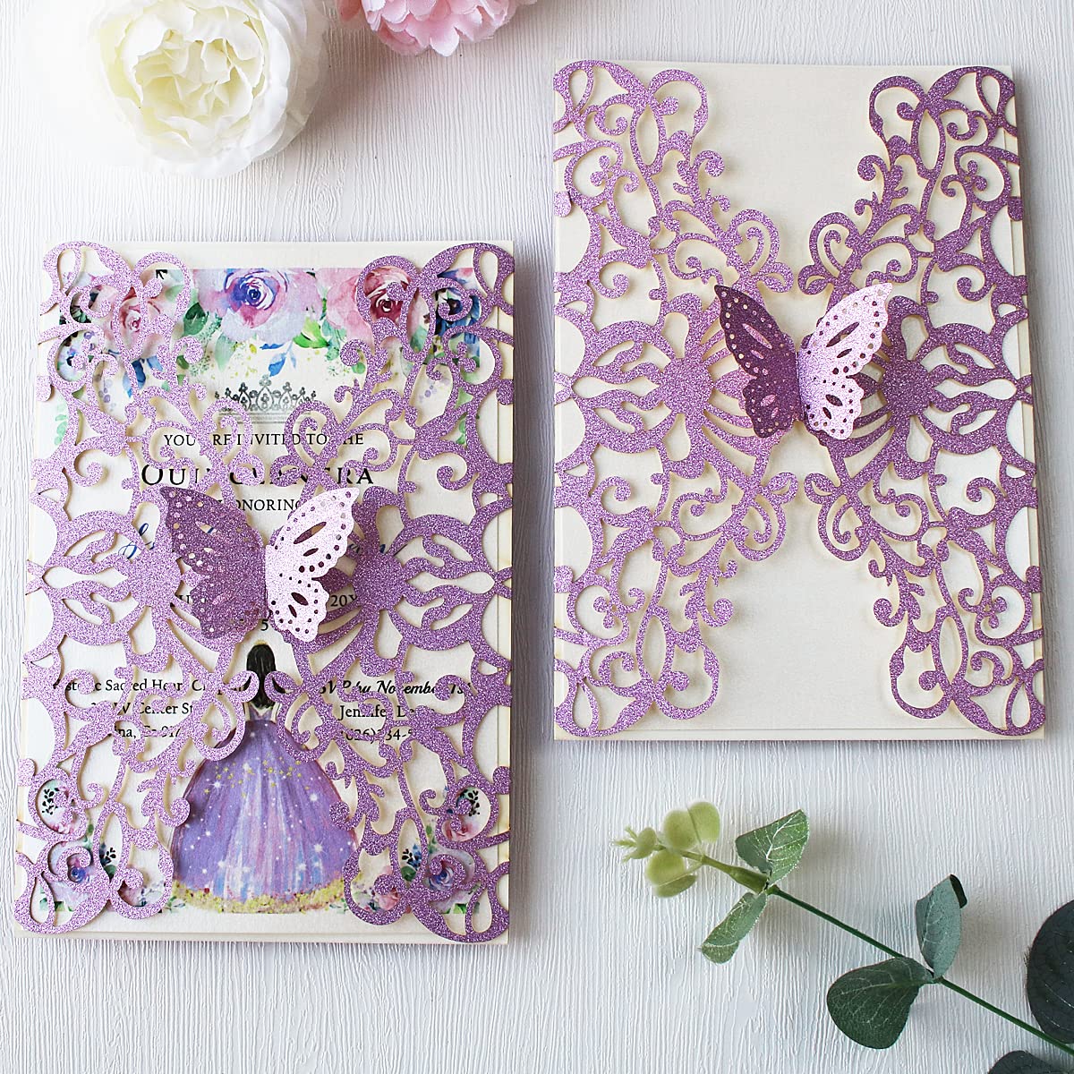 KUCHYNEE 50PCS 5.1 x7.3 Inch Purple Glitter Laser Cut Quinceanera invitations kit Hollow Floral Butterfly Pocket Invitation for Quincenera Wedding Invite (Purple Glitter)