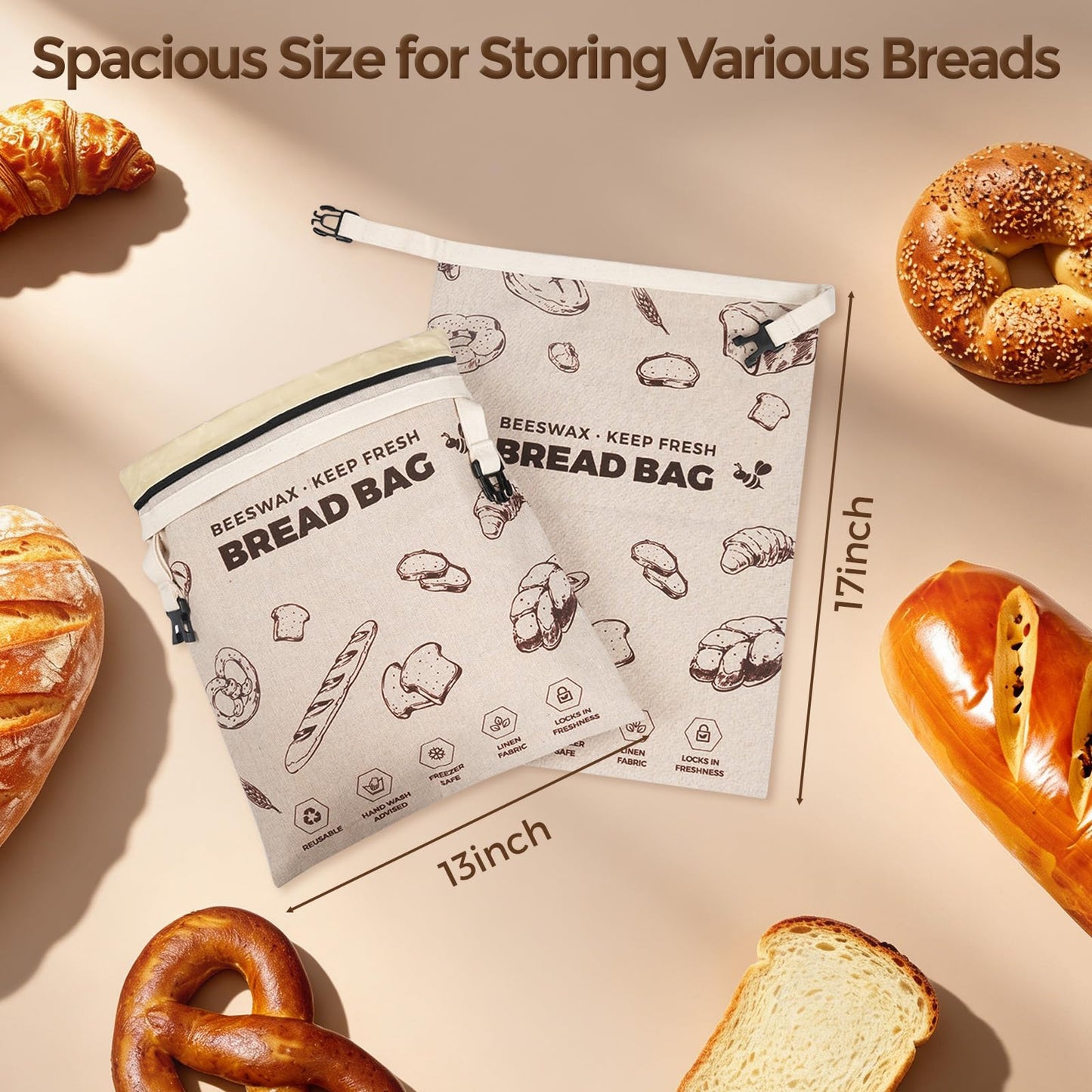 YARRAMATE Reusable Beeswax Bread Bags for Homemade Bread & Sourdough, 2 Pack XL 17x13in Linen Organic Bread Storage Bags with Zipper for Loaf, Baguette, Bagels and Sandwich Bread, Freezer Safe, Brown