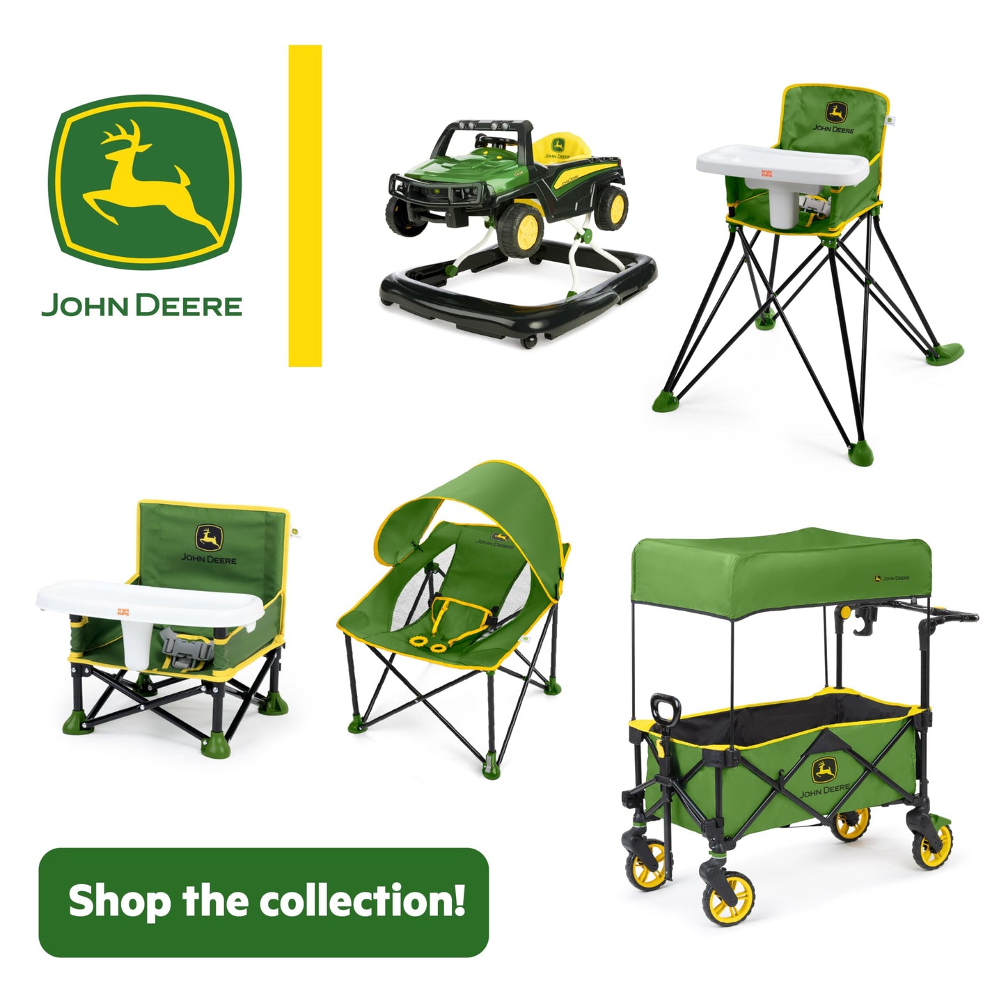 Bright Starts John Deere Pop 'N Sit Portable Booster Chair, Floor Seat, Indoor/Outdoor Use, Compact Fold, Green and Yellow, 6 Mos - 3 Yrs