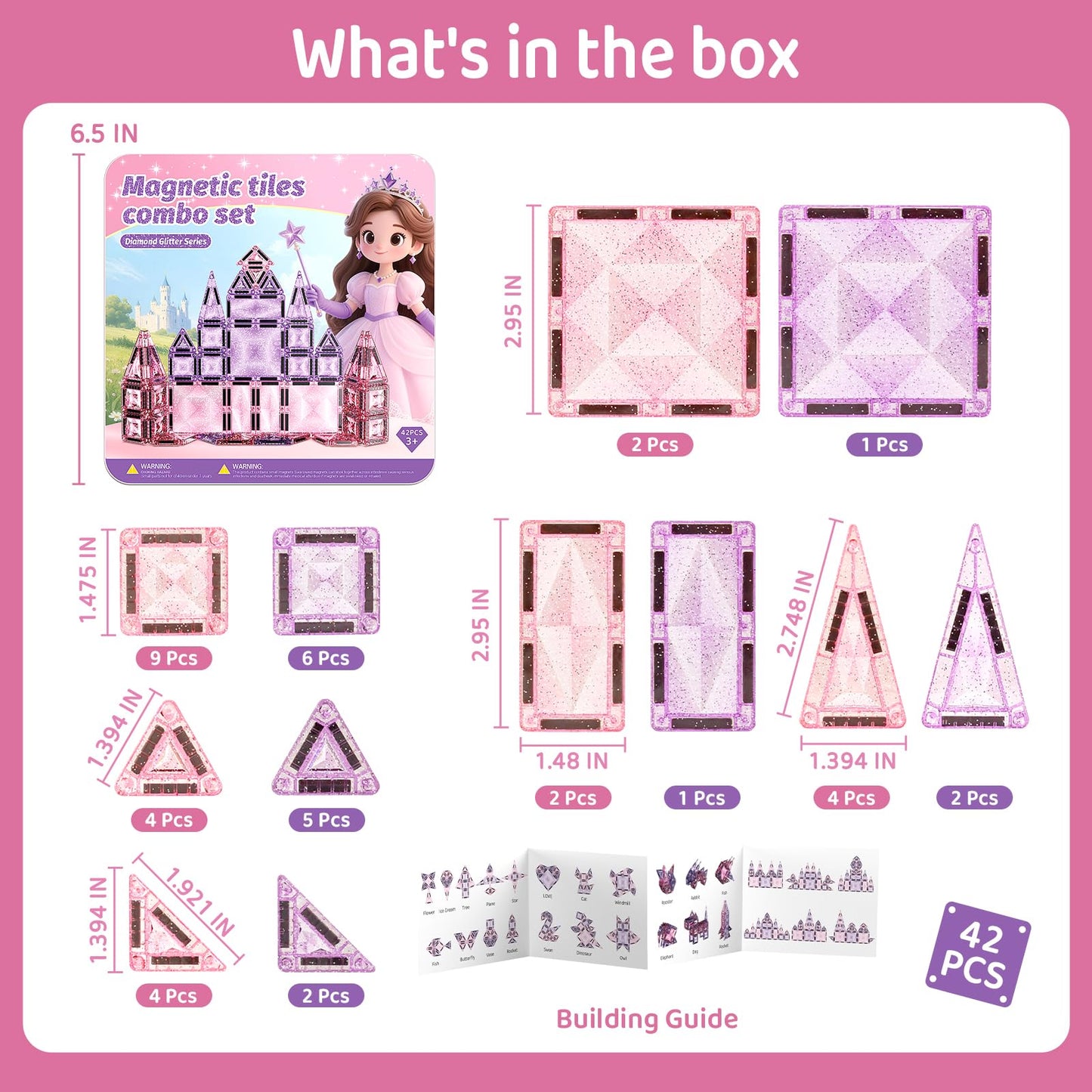 Magnetic Tiles Girls Travel Toy: 42 PCS Pink Glitter Building Blocks Castle Tin Box - 120 Mins Quiet Play 60s Cleanup - Toddler Kids Gift Age 3 4 5 6