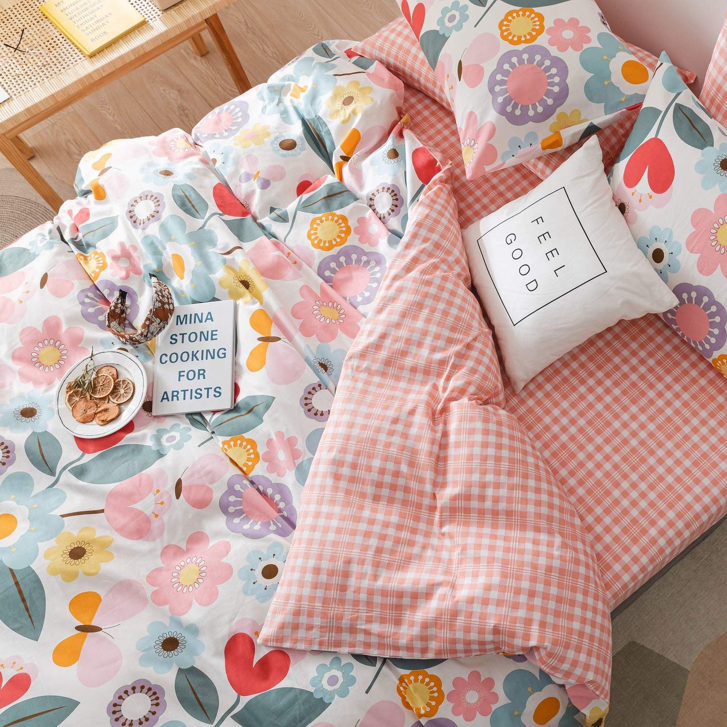 Floral Duvet Cover Twin, 100% Cotton 3 pcs Twin Flower Bedding Set for Girls, Reversible Comforter Cover Ultra Soft Garden Fresh Botanical Duvet Cover, with Zipper Closure, Breathable (No Comforter)