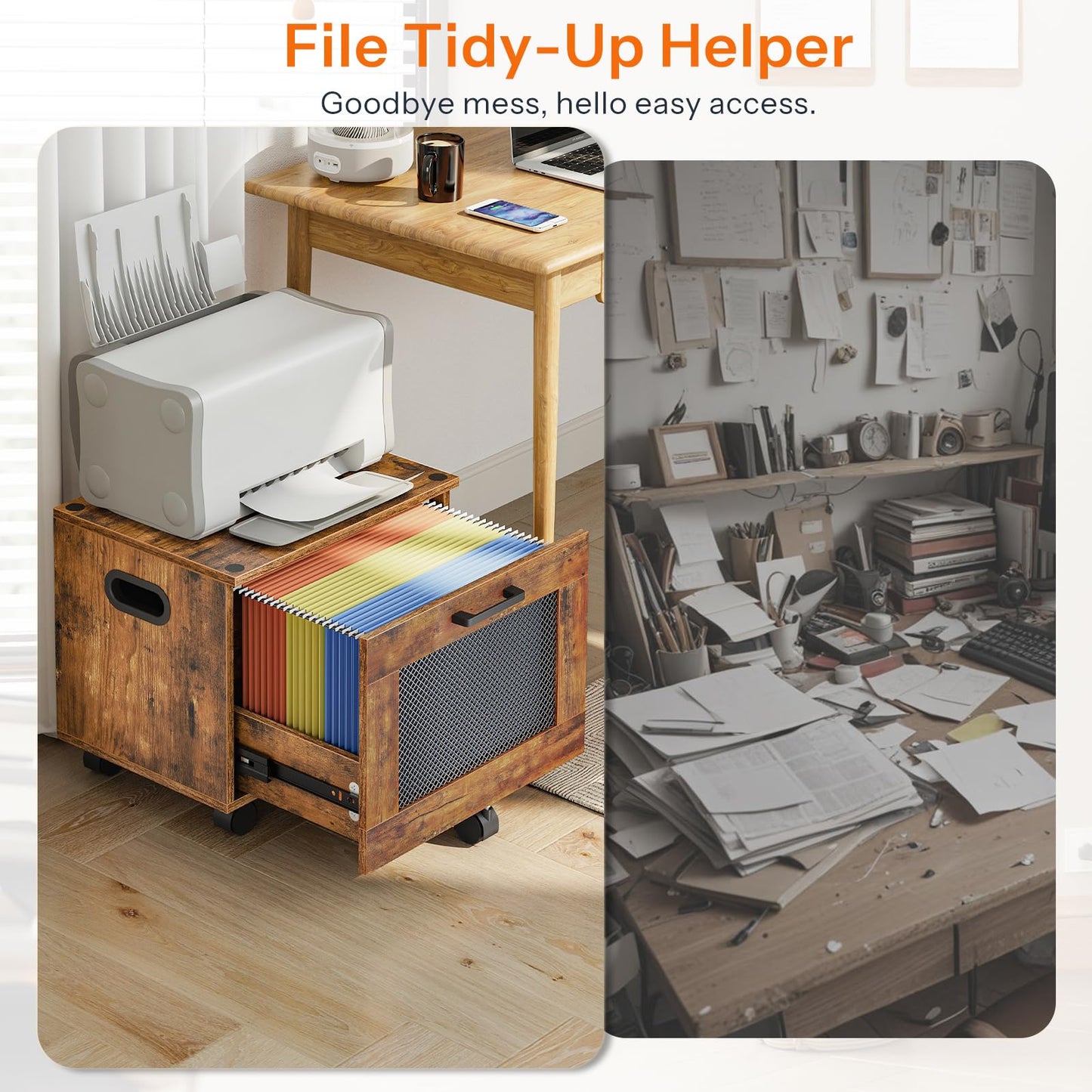 HOOBRO File Cabinet, Rolling File Cart, Under Desk Small Filing Cabinet, Filling Organizer Box, Home Office File Basket with Drawer for A4, Letter Files, Rustic Brown and Black BF11WJ01G1