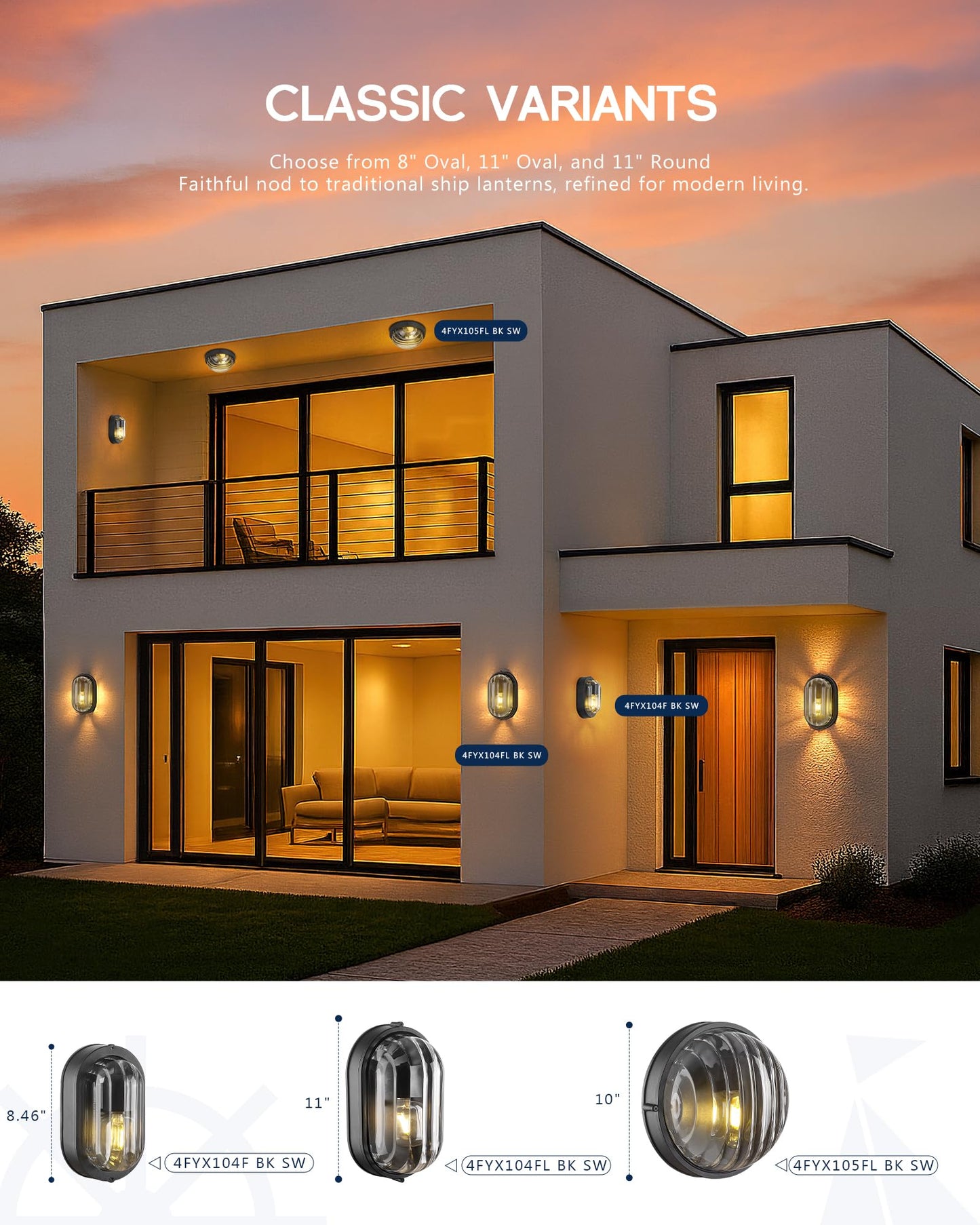 FEMILA 11" Oval Bulkhead Exterior Wall Sconce, Modern Outdoor Wall Lantern, Aluminum, Ripple Glass, IP44, E26, Front Porch Light for Patio/Garage/Entry, 4FYX104FL BK SW
