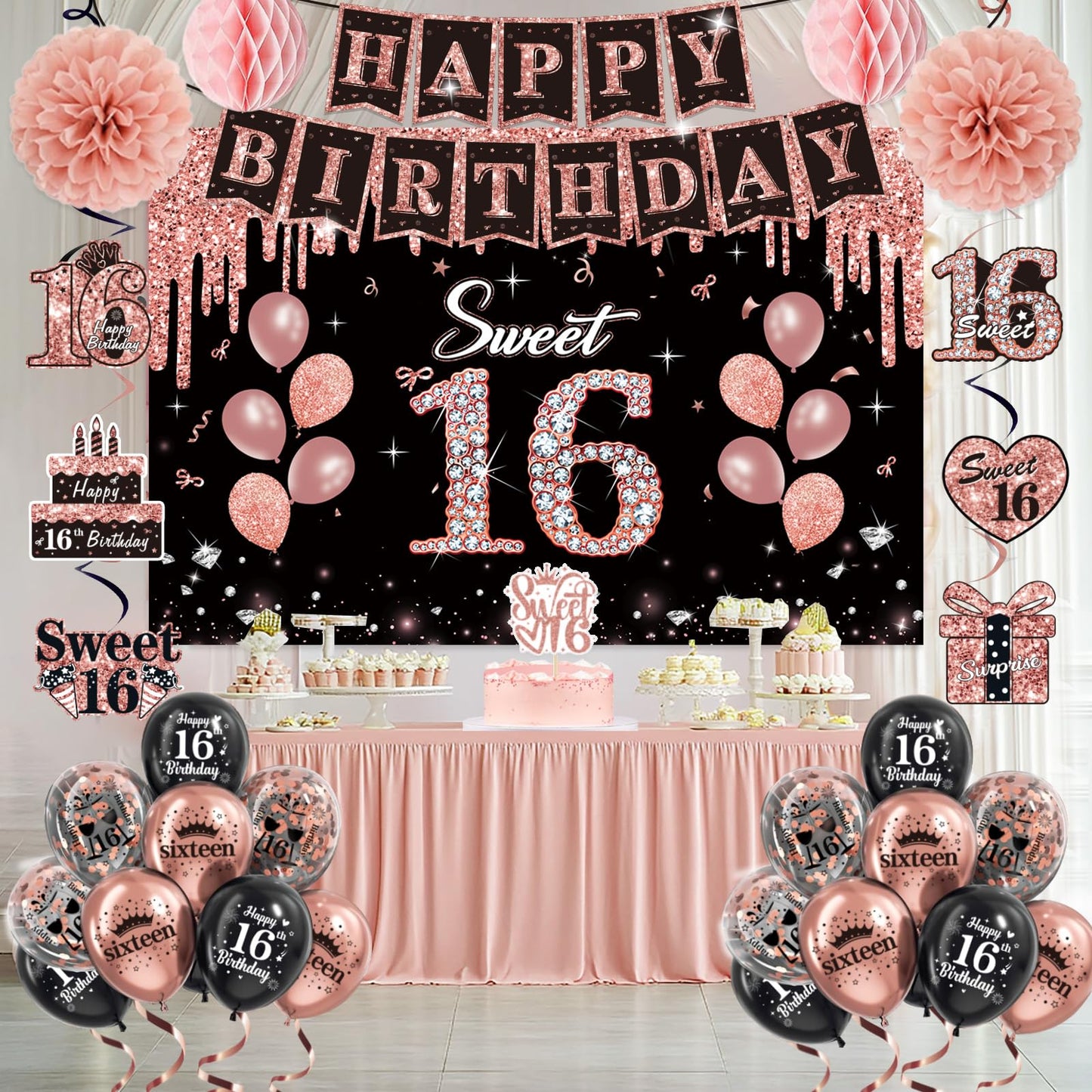 50PCS Sweet 16 Birthday Decorations for Girls, 16th Bady Crown and Sash Set, Rose Gold and Black Banner, Cake Topper, Balloons, Swirl, Pom Poms, Backdrop Decor, Happy Sixteen Party Supplies.