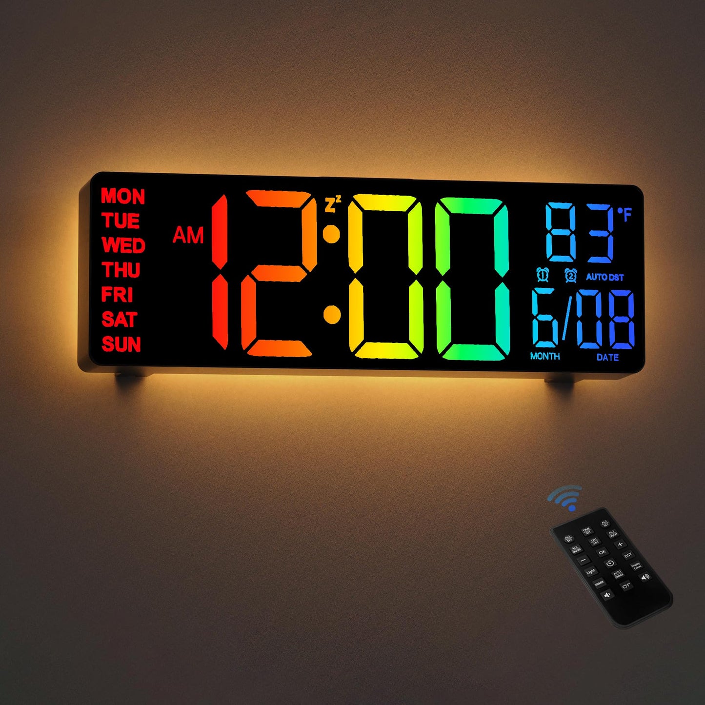 HAITANG 10.5 Inch Large Digital Wall Clock with Temperature, Date and Day, RGB Color Auto Brightness Dimmer, Night Lights, Auto DST, 24/12-Hour Led Wall Clock for Desk Bedroom Office