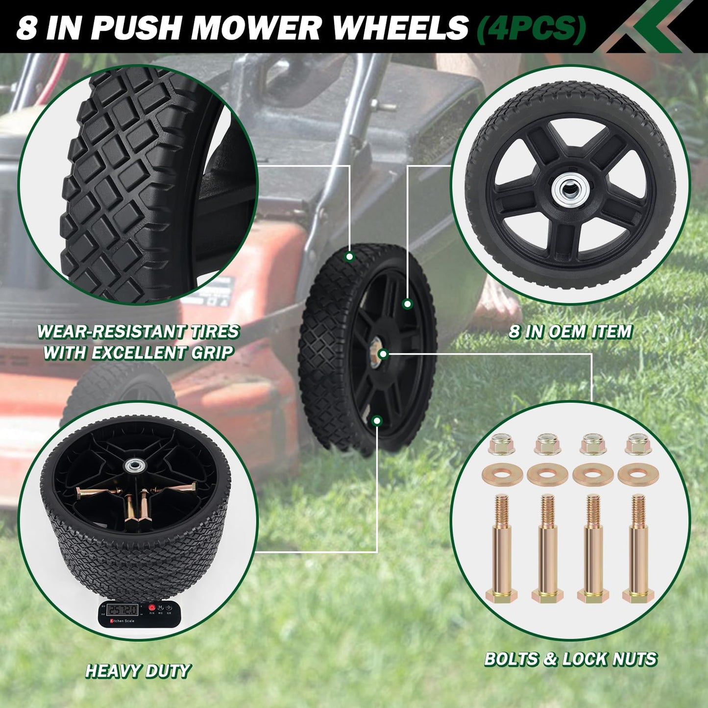 CheeMuii 4 Pcs 8 Inch Lawn Mower Wheels 4 Pack 8" Push Lawn Mower Wheels with Bolts and Lock Nuts Kit Fit for Most Standard push Lawn Mowers/Generator/Garden Tiller/Handtruck