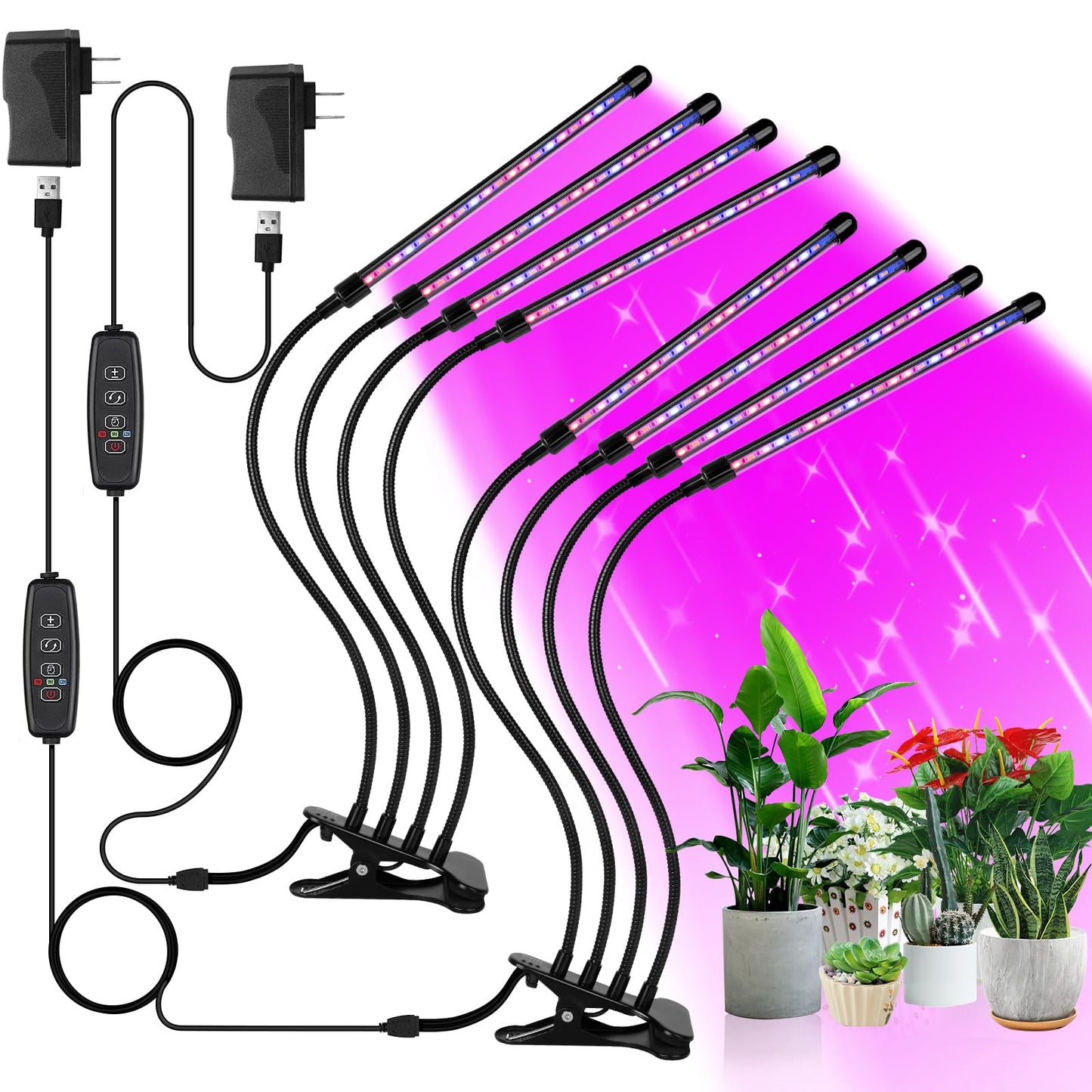 Sondiko Grow Lights for Indoor Plants Full Spectrum 2 Pack - Auto On/Off Timer (3/9/12H) & Dimmer (9 Levels) - Adjustable Gooseneck - 3 Switch Modes - Great for Greenhouse, Home, Office