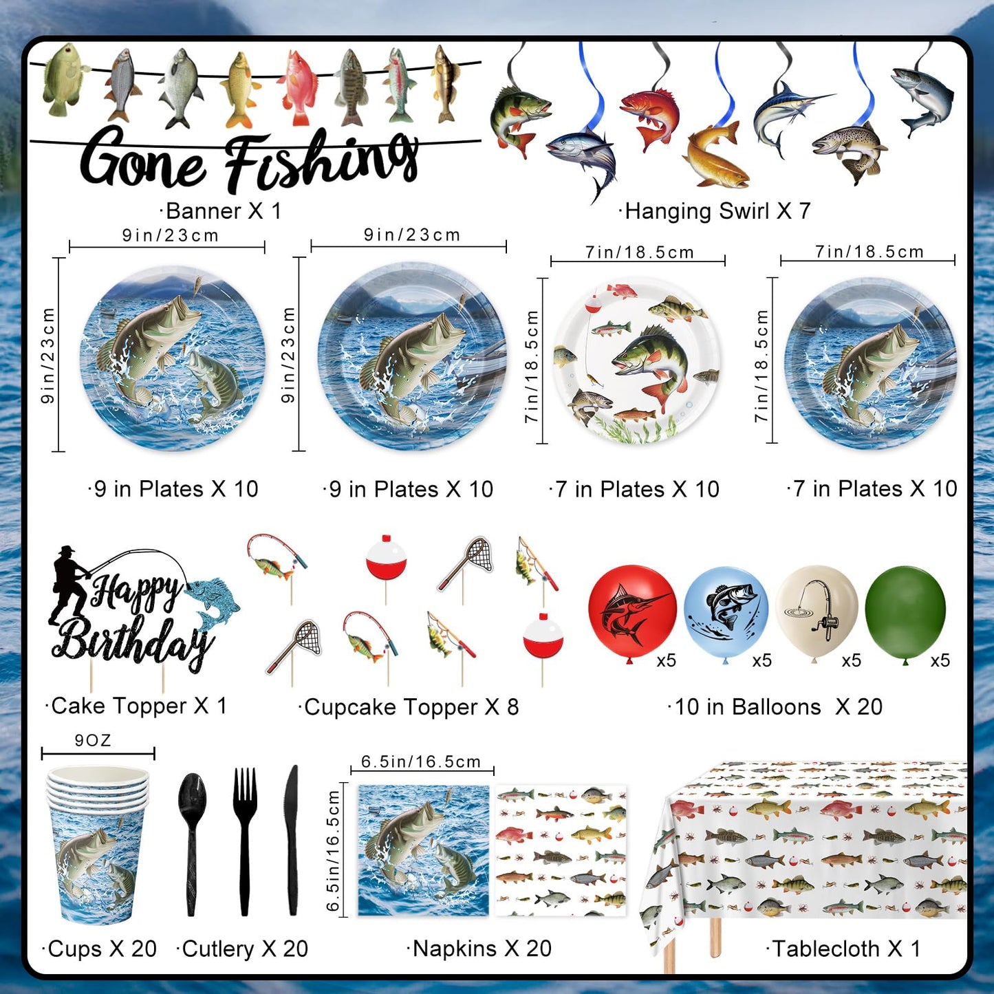 178PCS Fishing Birthday Party Decorations Includes Plates, Napkins, Cups, Cutlery, Tablecloth, Cake & Cupcake Toppers, Banner, Hanging Swirls, Balloons for Fishing Party Decorations, Serve 20