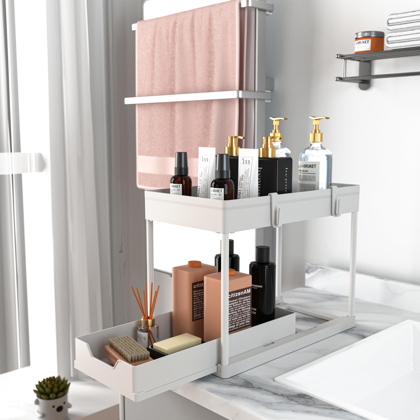 MEAFBIRD 2 Pack Under Sink Organizer, 2 Tier Bathroom Cabinet Organizer with Sliding Basket, Multi-Purpose Under Sink Organizers and Storage for Bathroom Kitchen (White 2)