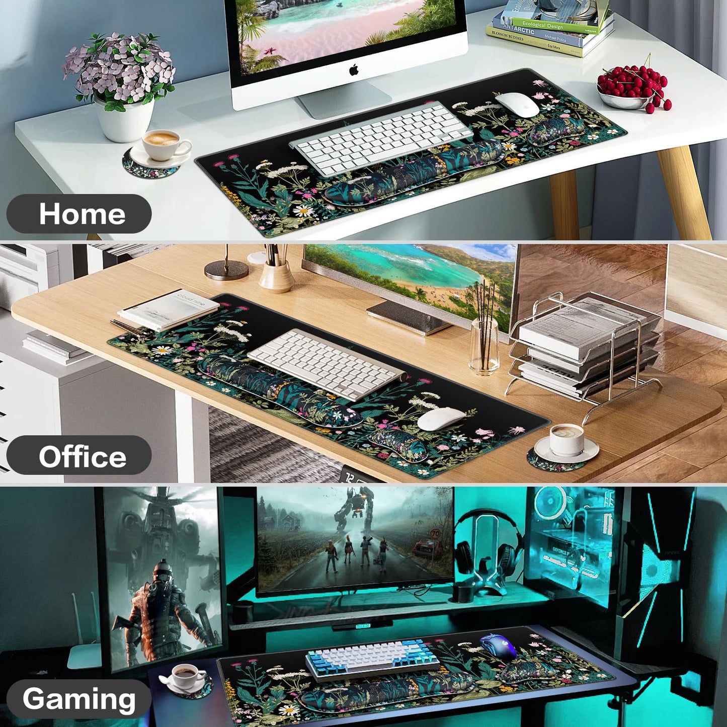 Mouse Pad, Large Gaming Mouse Pad with Wrist Rest, 4in1 XXL Desk Mat+Keyboard Wrist Rest+Wrist Support+Cup Coaster Set Ergonomic Floral Computer Desk Arm Wrist for Decor Home Office Women