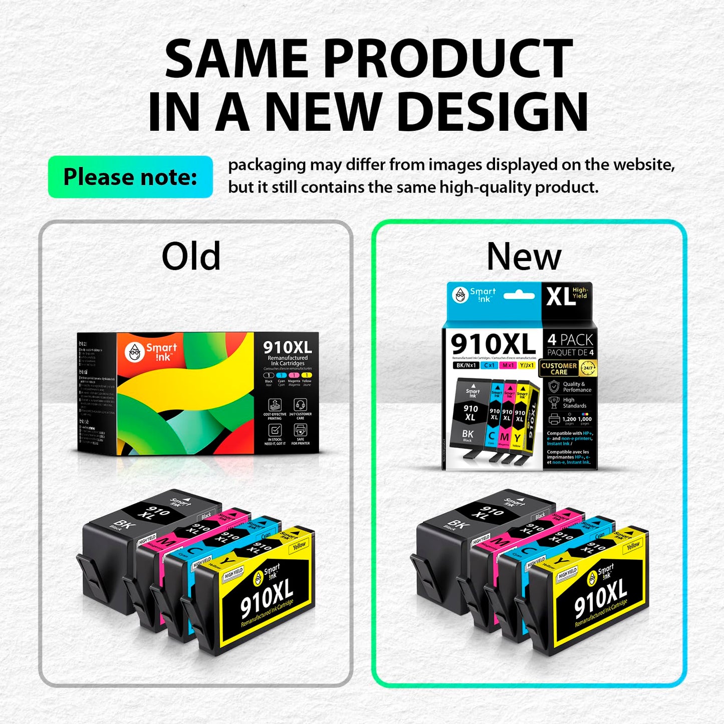 Smart Ink Remanufactured Ink Cartridge Replacement for HP 910 XL 910XL (4 Combo Pack) Compatible with HP 8015e OfficeJet 8022e 8010e 8015 8022 8010 OfficeJet Pro 8025e 8025 Printers (BK/C/M/Y)
