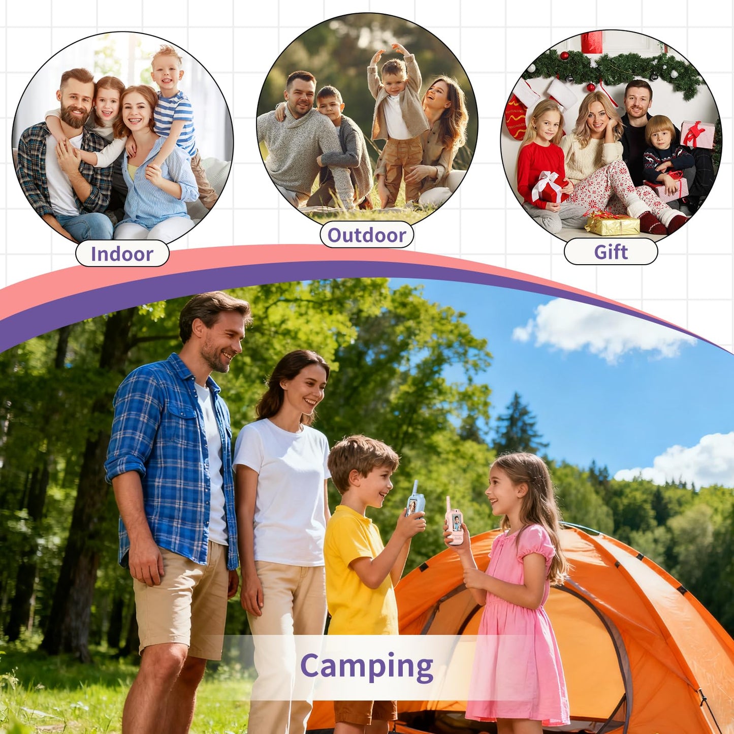 REESTBOO Video Walkie Talkies for Kids, Handheld 2 Pack Rechargeable Walkie Talkies for Boy and Girl Ages 3-12, One-on-One Pairing, Indoor Outdoor Toys for Family Games, Outside Camping (Pink & Blue)